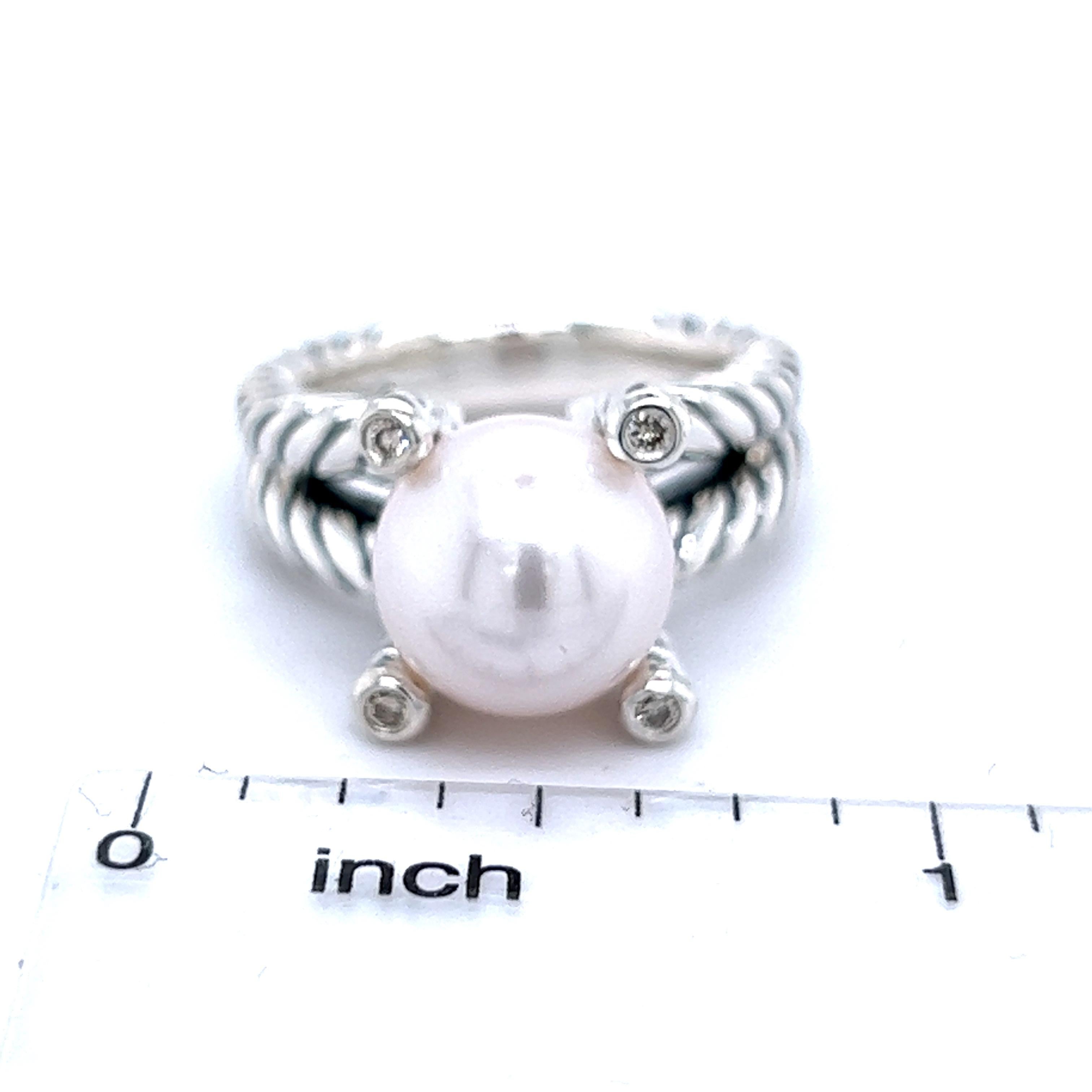 Round Cut David Yurman Estate Pearl Diamond Cable Collectables Ring 5 Silver 0.05 CT DY174