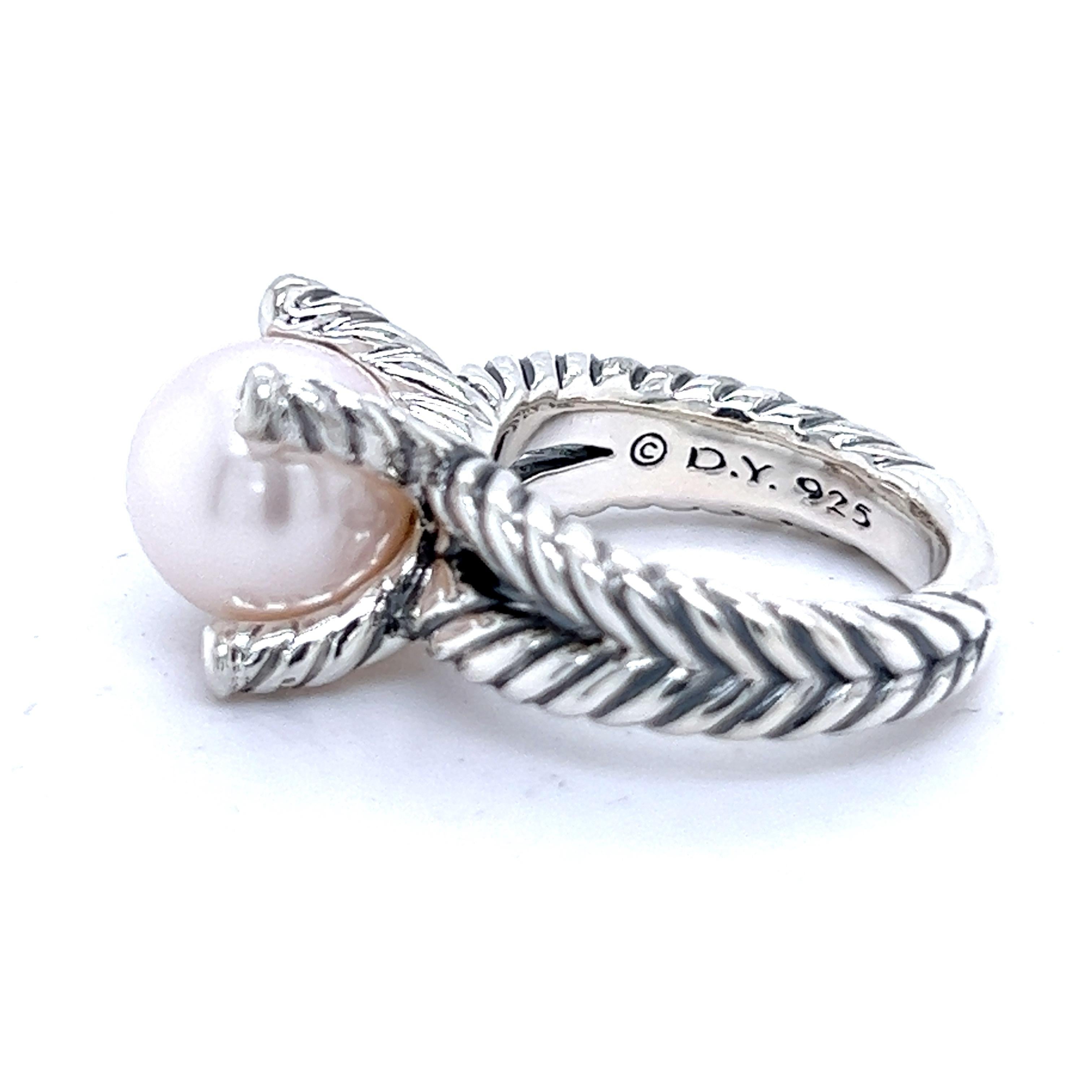 David Yurman Estate Pearl Diamond Cable Collectables Ring 5 Silver 0.05 CT DY174 In Good Condition In Brooklyn, NY