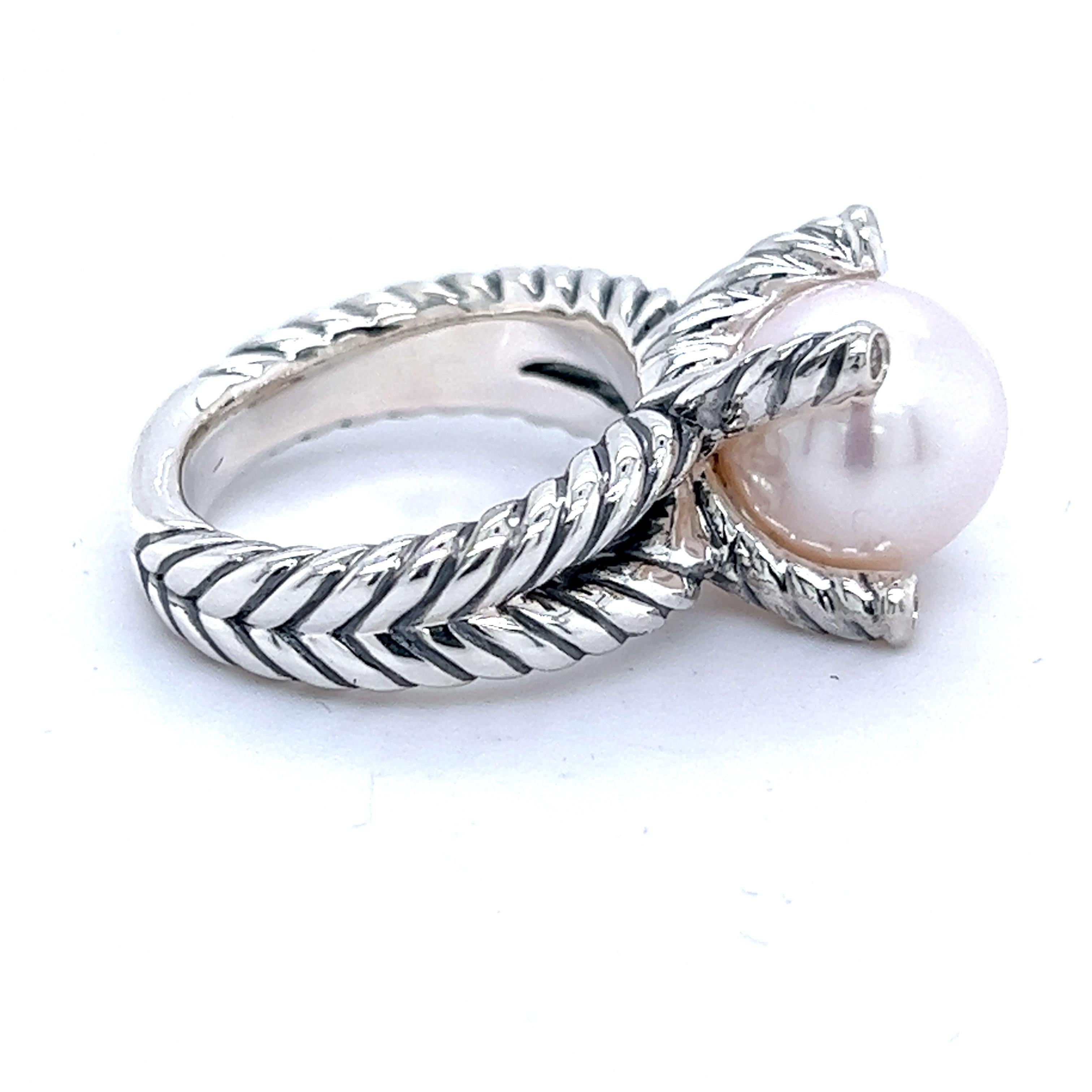 Women's David Yurman Estate Pearl Diamond Cable Collectables Ring 5 Silver 0.05 CT DY174