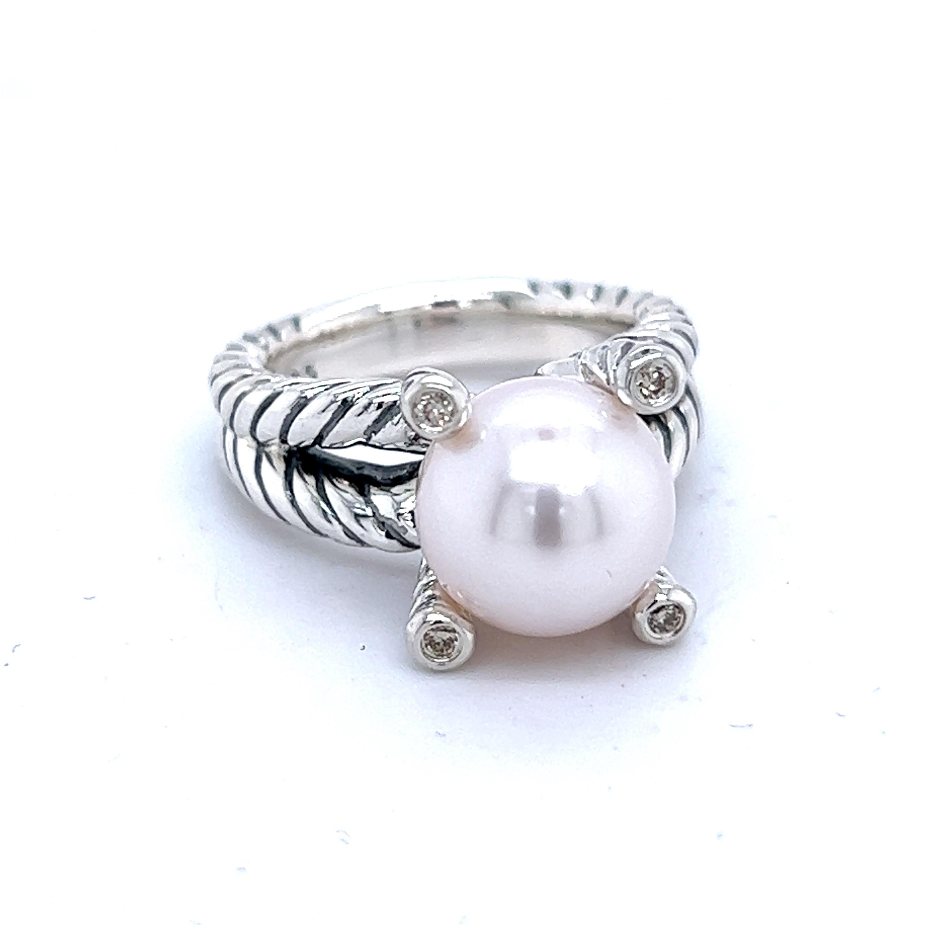 David Yurman Estate Pearl Diamond Cable Collectables Ring 5 Silver 0.05 CT DY174 1