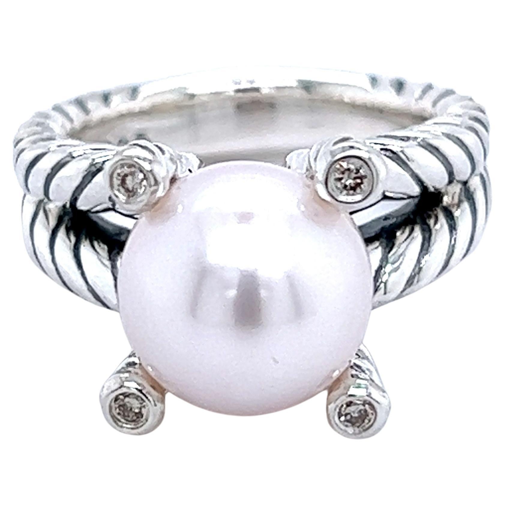 David Yurman Estate Pearl Diamond Cable Collectables Ring 5 Silver 0.05 CT DY174