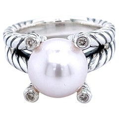 Used David Yurman Estate Pearl Diamond Cable Collectables Ring 5 Silver 0.05 CT DY174