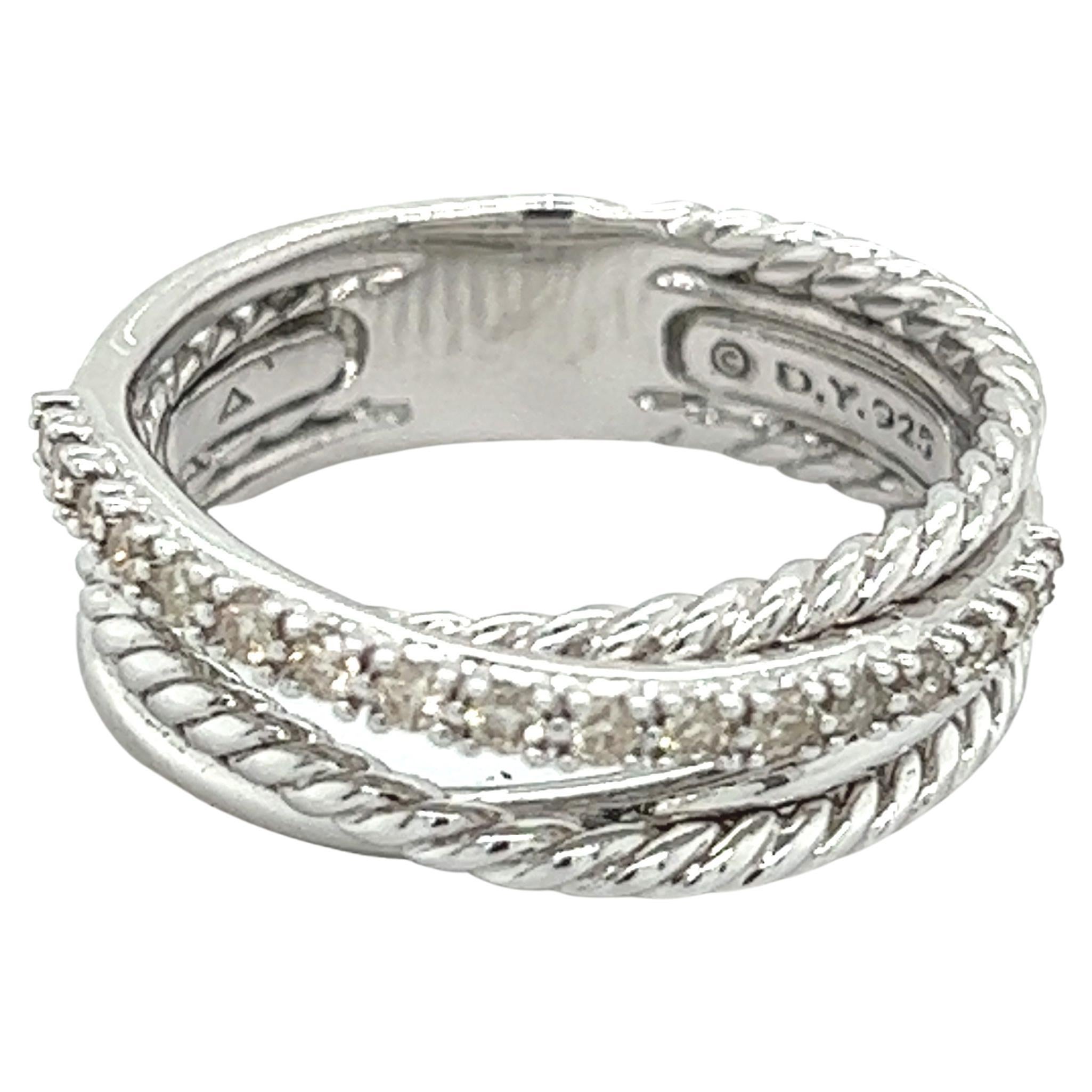 David Yurman Estate Small Crossover Pave Diamond Ring Size 5 0.18 TCW  Silver For Sale at 1stDibs