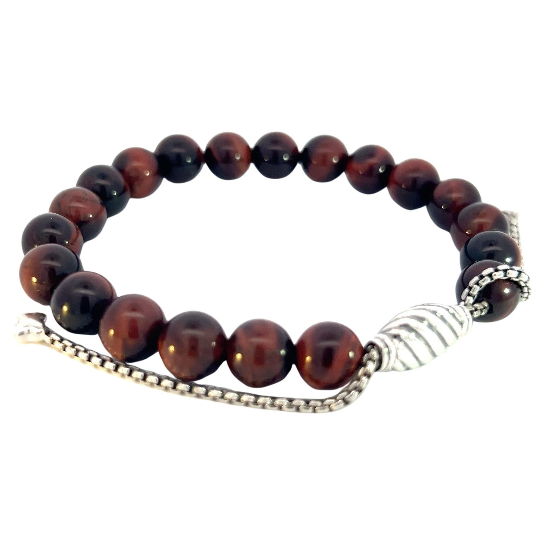David Yurman Estate Tiger Eye Spiritual Beads Bracelet 6.6 - 8.5" Silver 8 mm