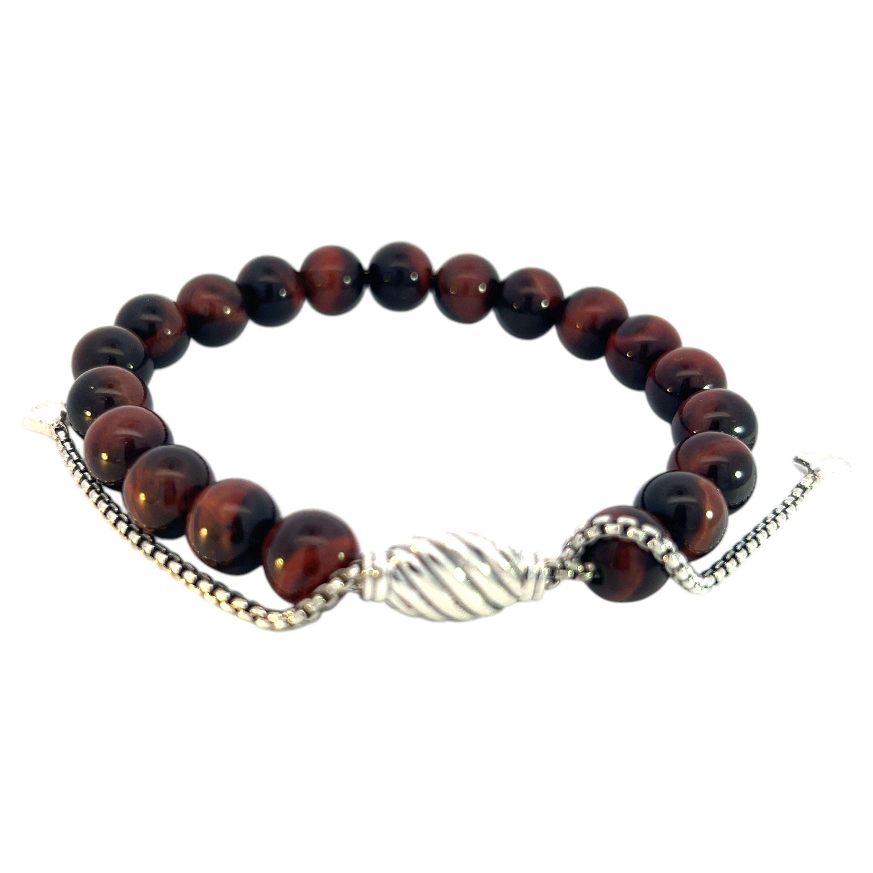 David Yurman Estate Tiger Eye Spiritual Beads Bracelet 6.6 - 8.5" Silver 8 mm