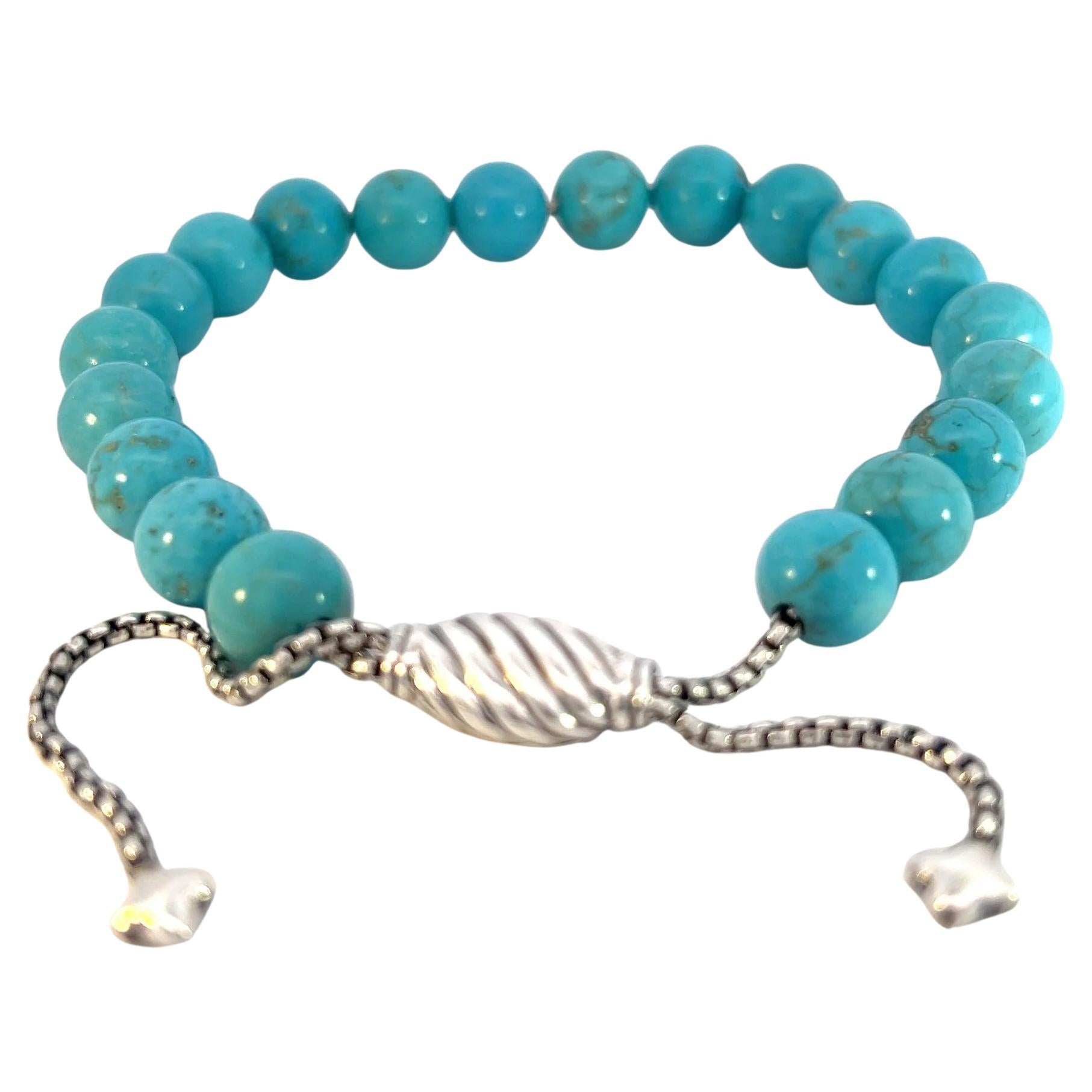 David Yurman Estate Turquoise Spiritual Beads Bracelet 6.6 - 8.5" Silver 8 mm
