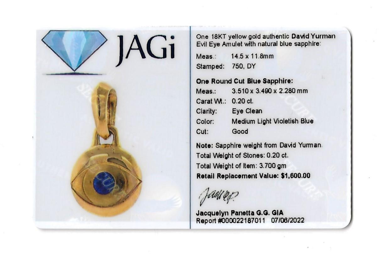 David Yurman Evil Eye Amulet Pendant with Sapphire Center 18 Karat Yellow Gold 3