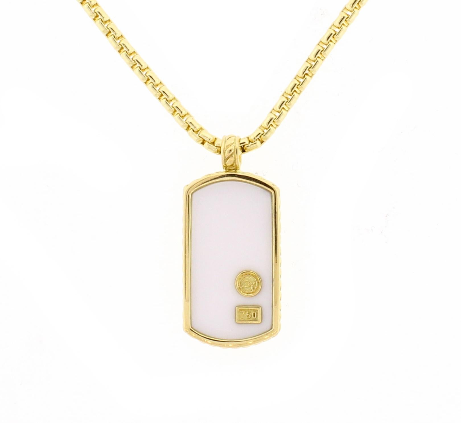 18-karat yellow gold tag,  white onyx inlay, 24x12mm,  gold tag, 27x15mm 
20 inch Box Chain Necklace in 18 Karat yellow gold, 2.6mm wide 