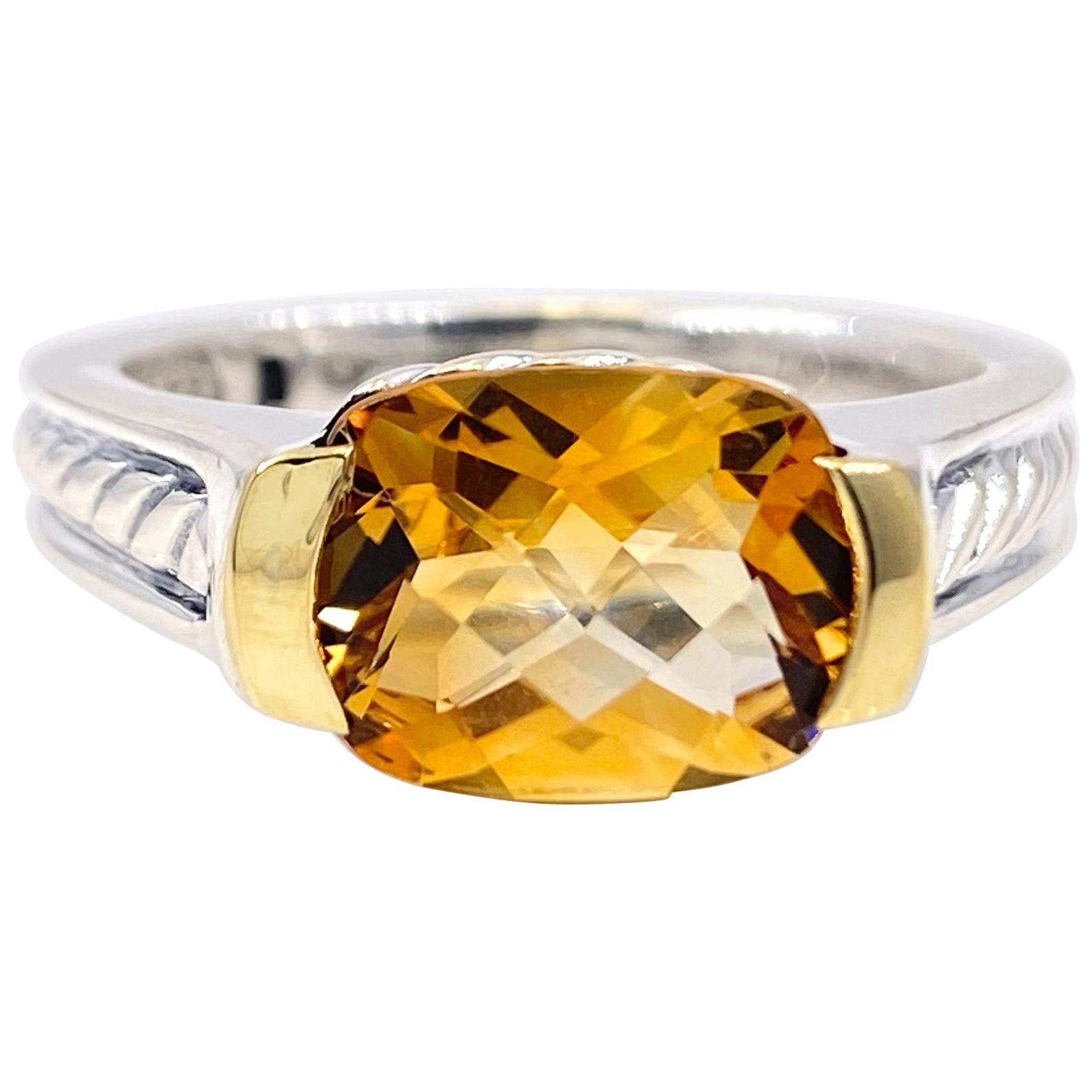 David Yurman Faceted Citrine Ring 18 Karat Yellow Gold and Sterling Silver