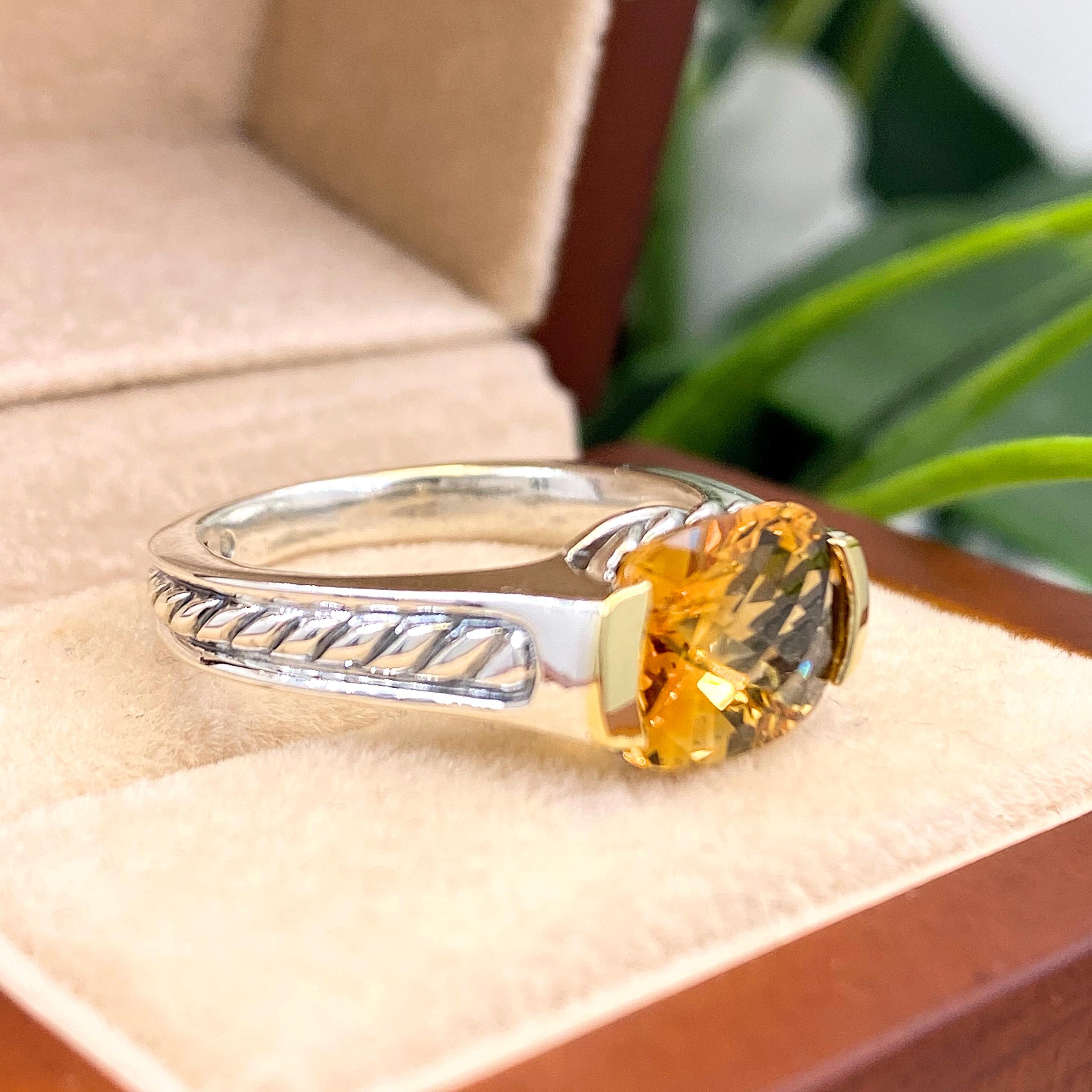 Women's David Yurman Faceted Citrine Ring 18 Karat Yellow Gold and Sterling Silver