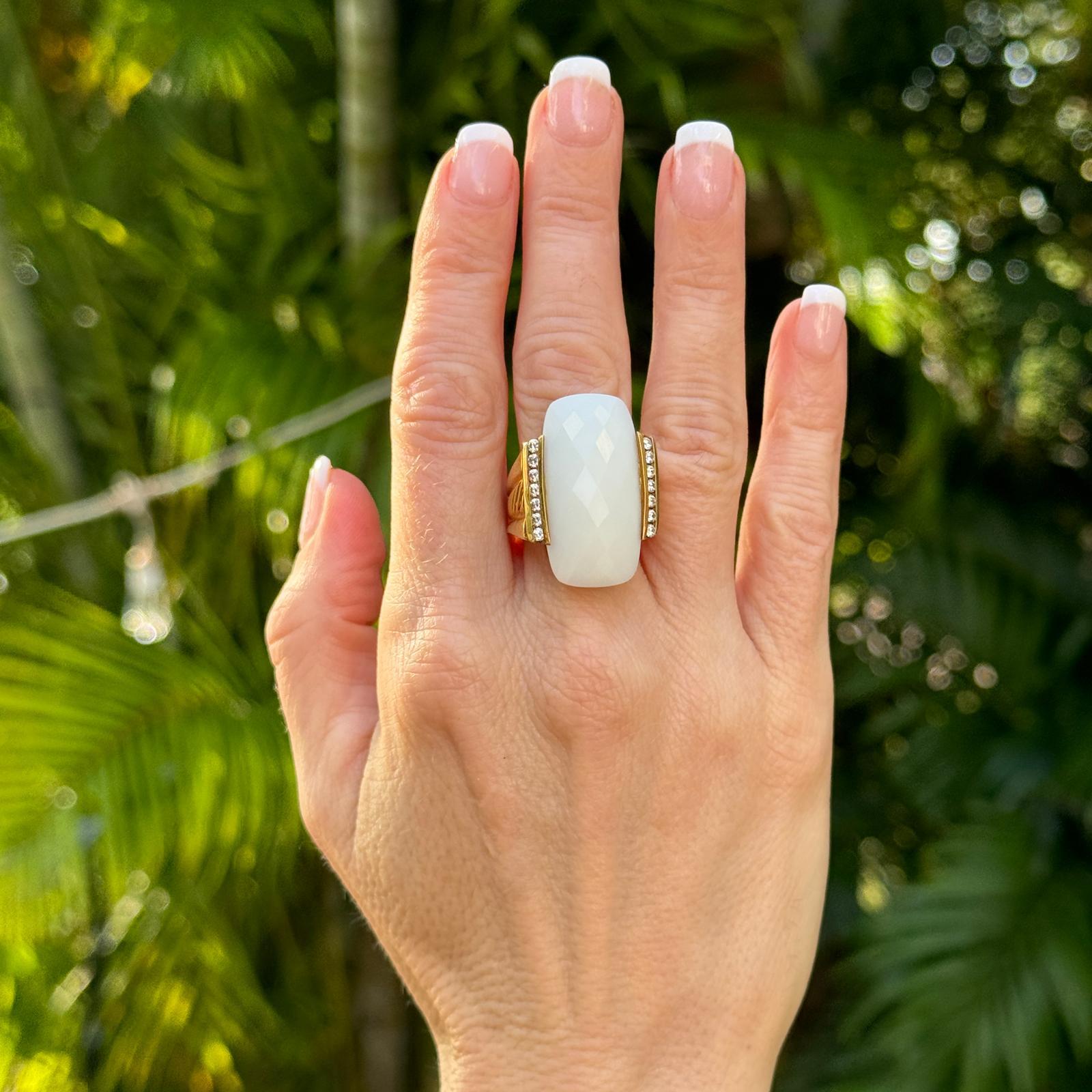 Sugarloaf Cabochon David Yurman Faceted White Agate Diamond 18 Karat Yellow Gold Cocktail Ring For Sale