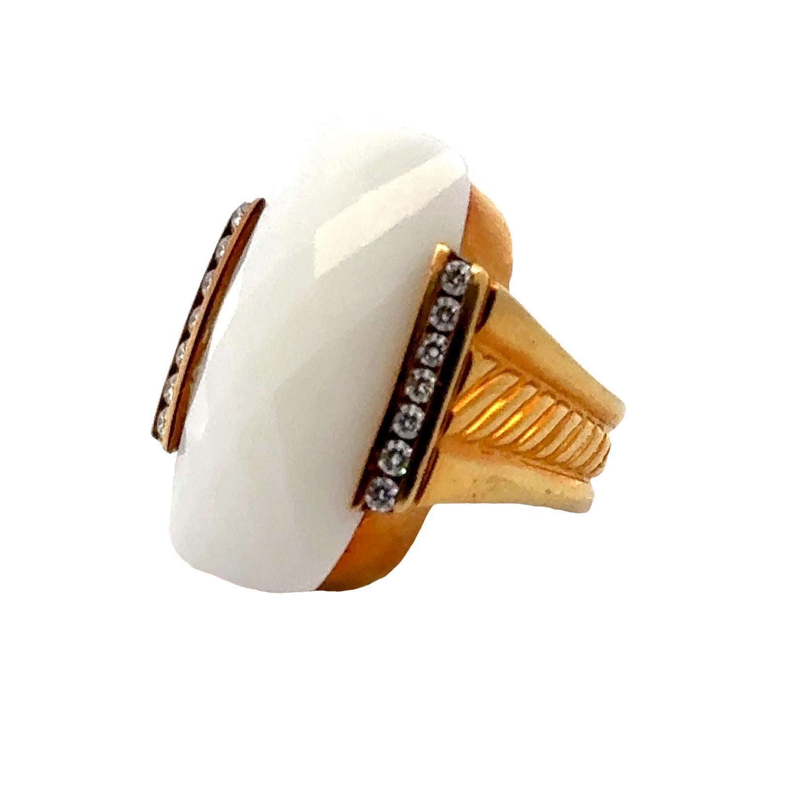 Women's David Yurman Faceted White Agate Diamond 18 Karat Yellow Gold Cocktail Ring For Sale