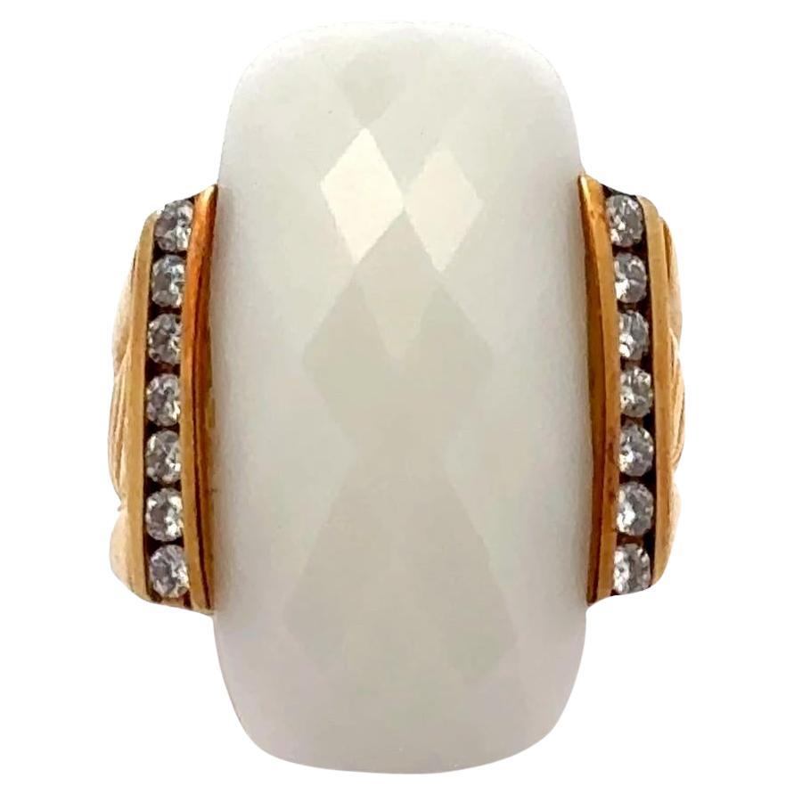 David Yurman Faceted White Agate Diamond 18 Karat Yellow Gold Cocktail Ring For Sale