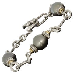 David Yurman Figaro Link Mixed Metals Tahitian Pearl and Diamond Bracelet