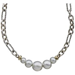 David Yurman Silver & Gold Pearl Stations Figaro Chain Necklace