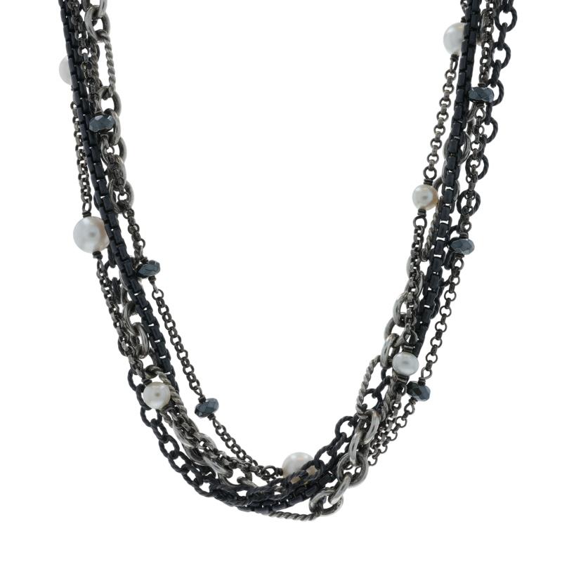 David Yurman Figaro Quatrefoil Pearl Hematite Necklace 33 1/2" Sterling 925 For Sale