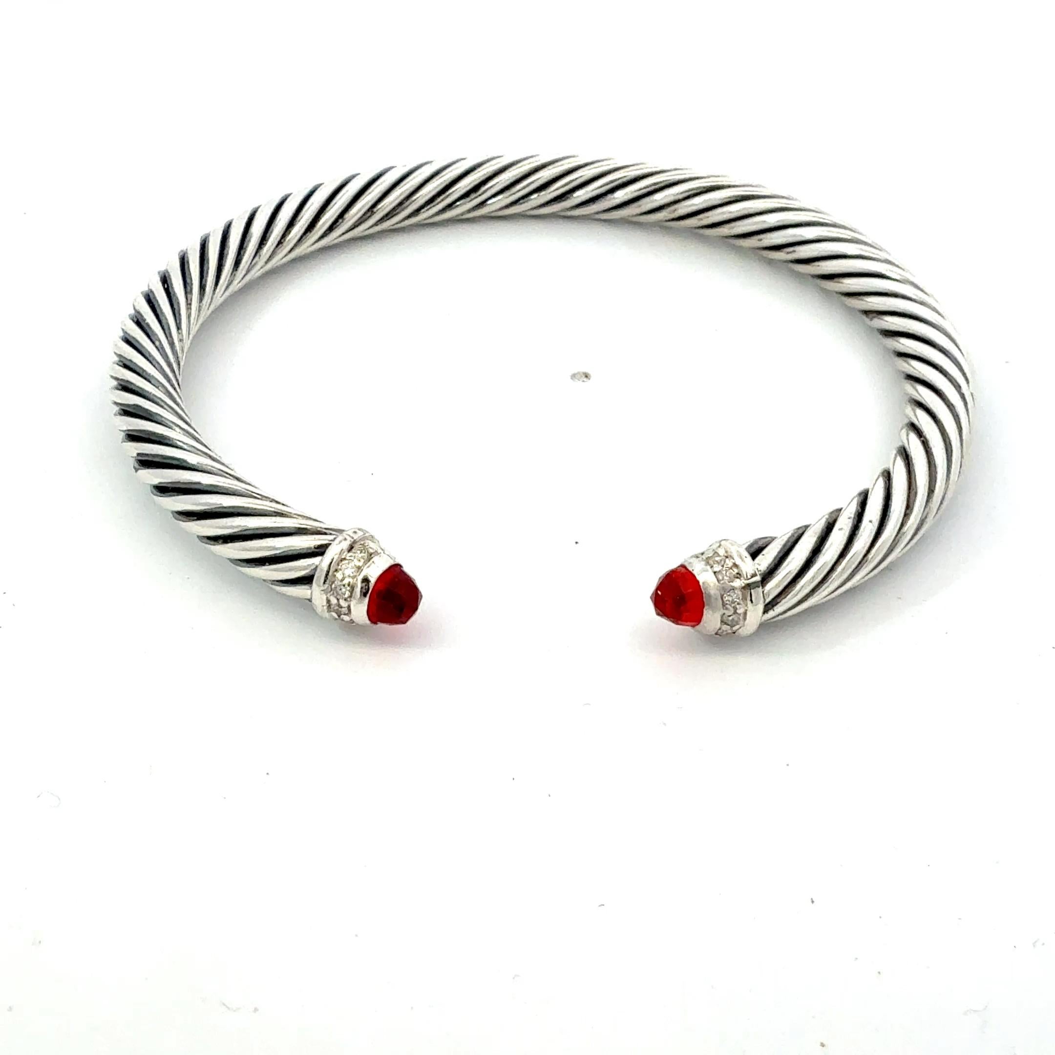 David Yurman Garnet and Diamond 5mm Cuff Bracelet Silver Estate im Angebot