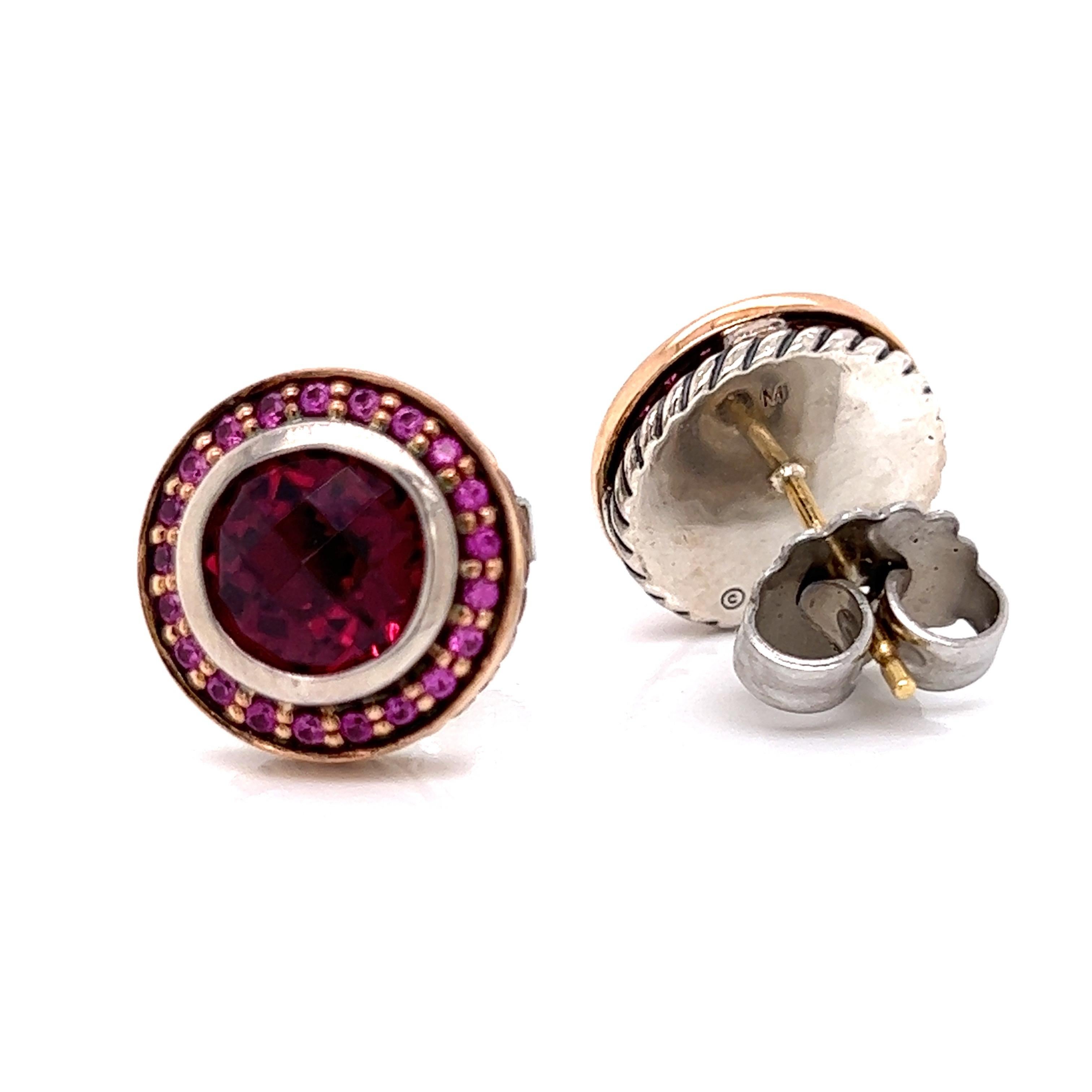 This pinkalicious pair of David Yurman estate earrings are from the Albion Collection.  In the center of each earring is a vibrant eight millimeter faceted rhodolite garnet surrounded by pink sapphires  Mounted in sterling silver and 18 Kt yellow