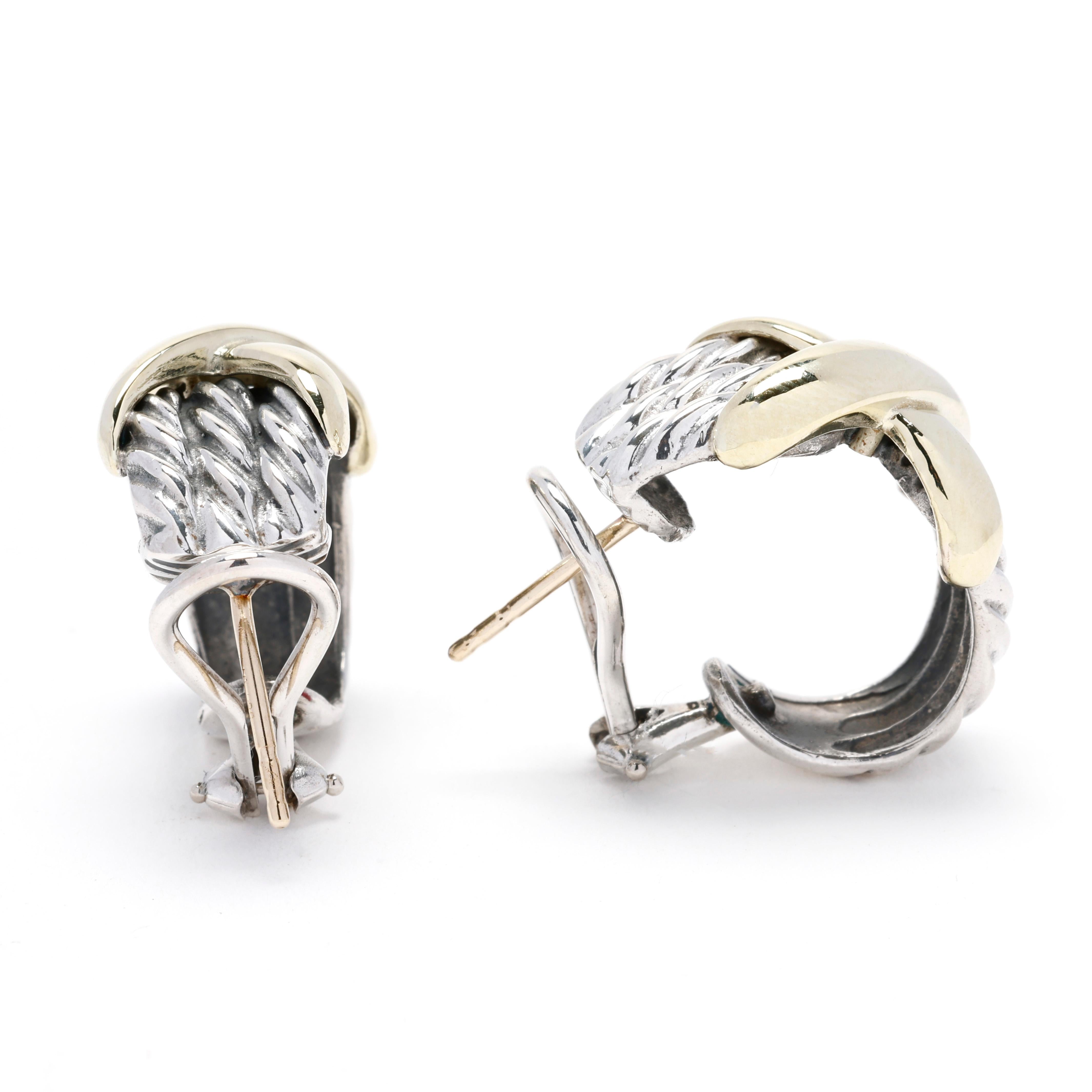 Experience the iconic design and impeccable craftsmanship of David Yurman with these exquisite Gold and Sterling Silver X Hoop Earrings. These stunning earrings feature a unique combination of an 18k and 14k yellow gold X on top of the twisted