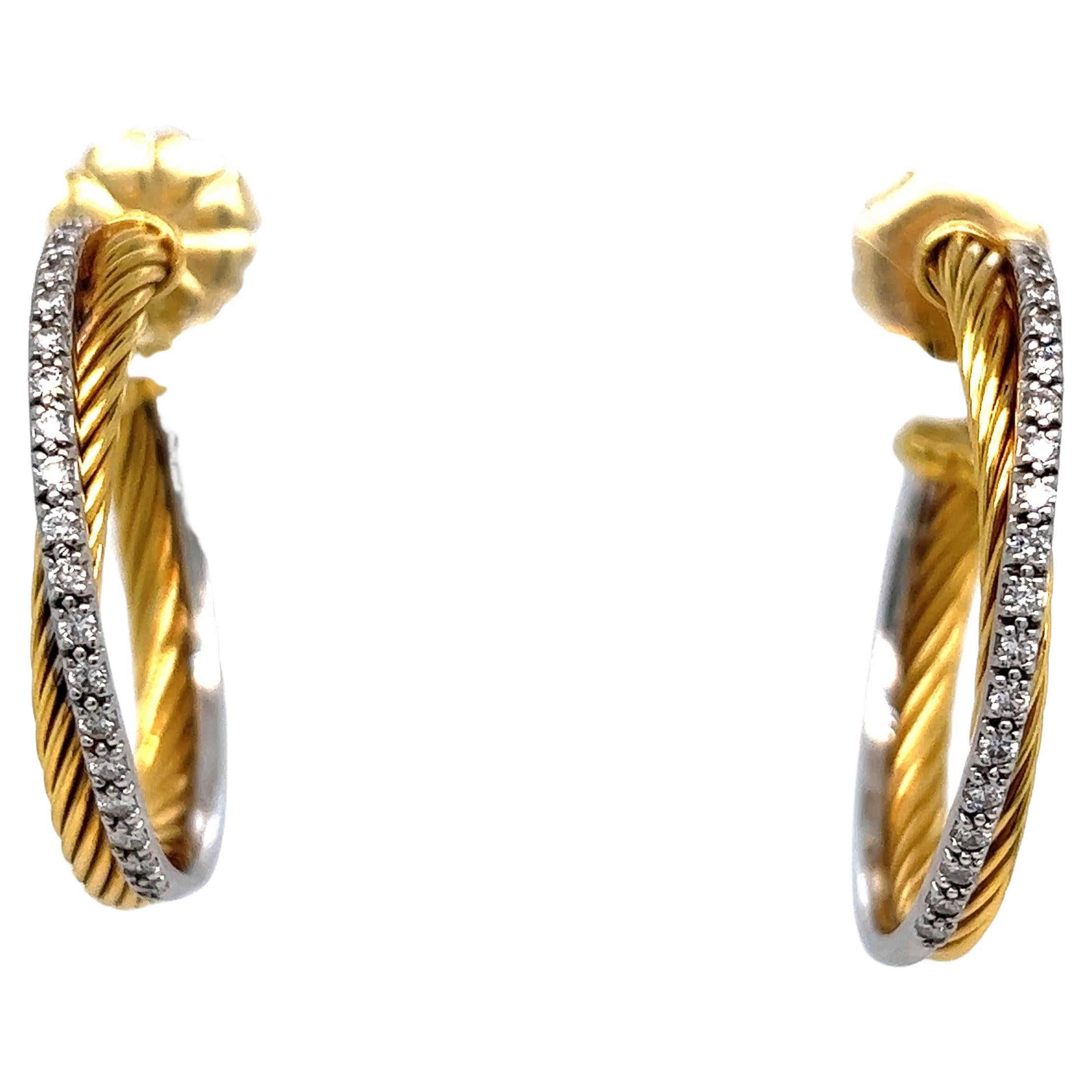 David Yurman Diamond Gold Crossover Hoop Earrings at 1stDibs