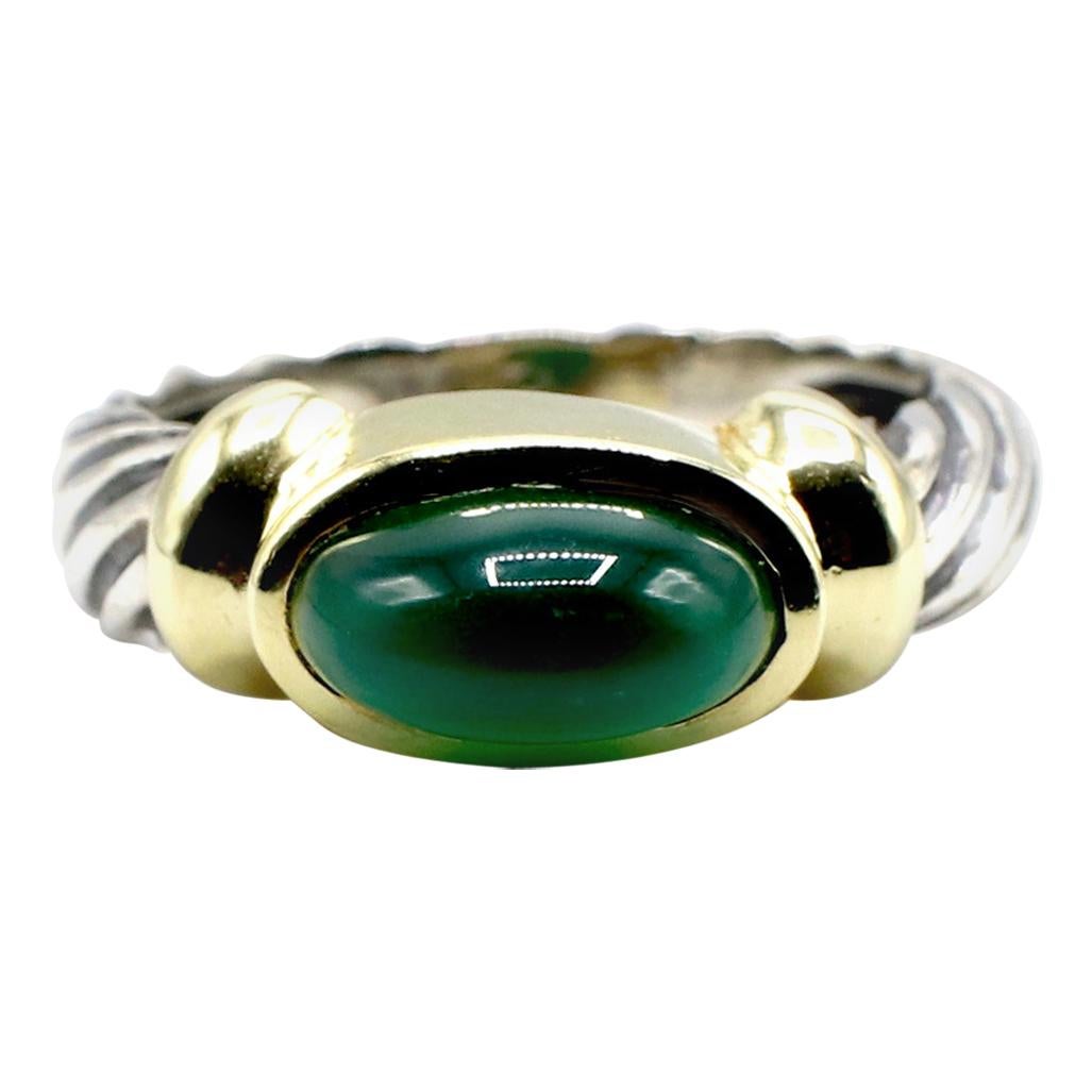 David Yurman Green Chalcedony Domed Cabochon Sterling Silver and Gold Ring