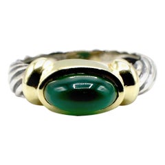 David Yurman Green Chalcedony Domed Cabochon Sterling Silver and Gold Ring