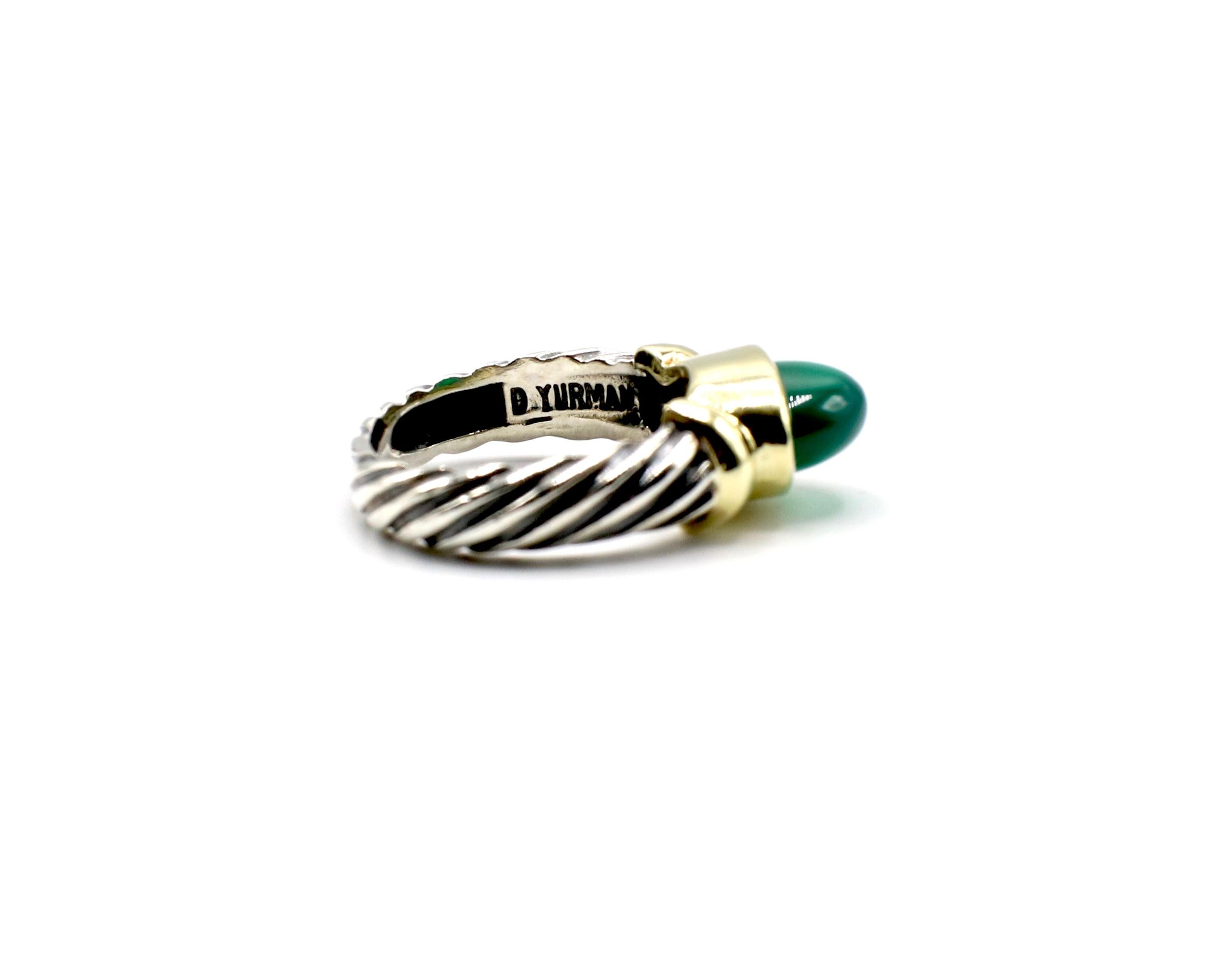 David Yurman Green Chalcedony Domed Cabochon Sterling Silver and Gold Ring In Good Condition In  Baltimore, MD