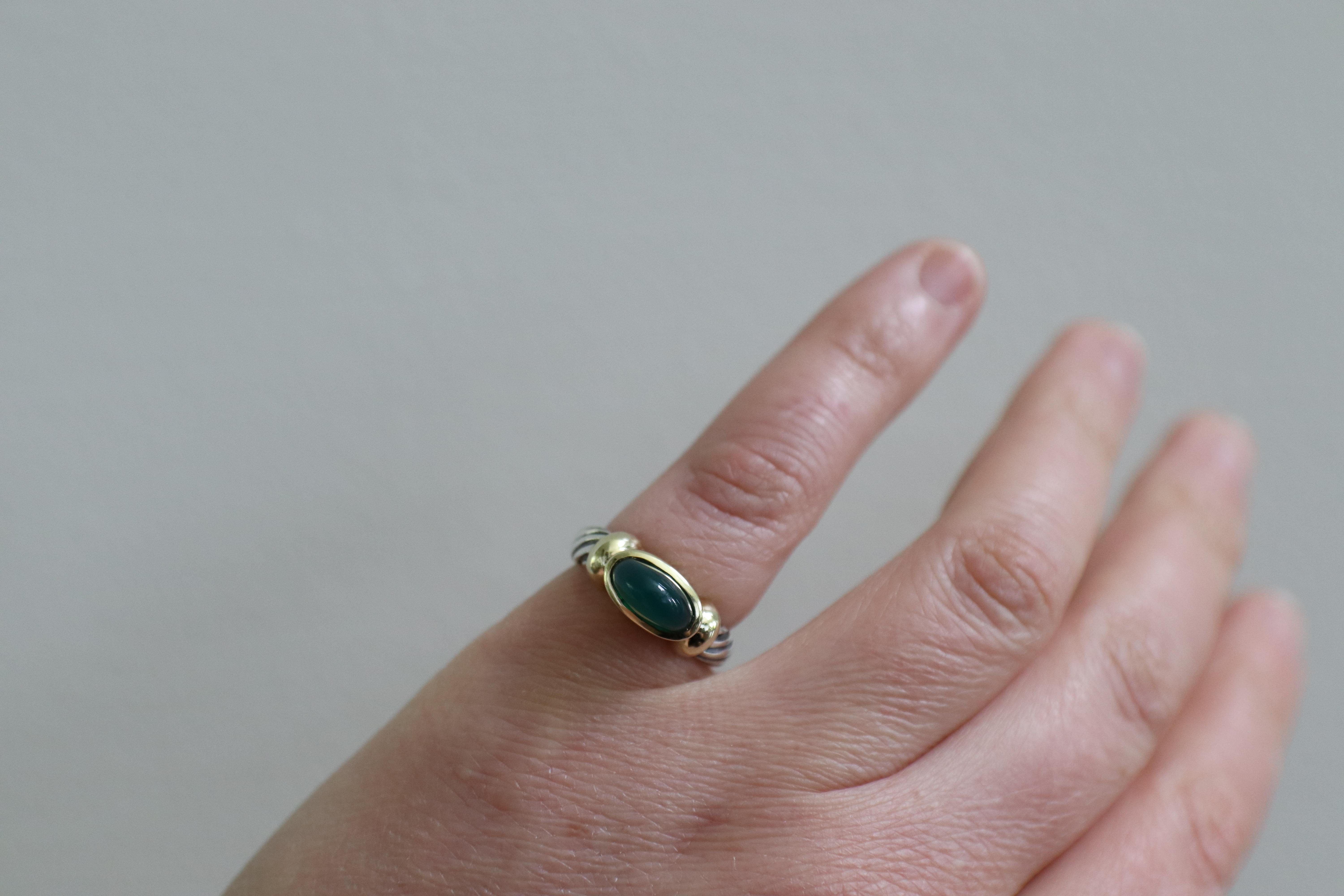 David Yurman Green Chalcedony Domed Cabochon Sterling Silver and Gold Ring 1