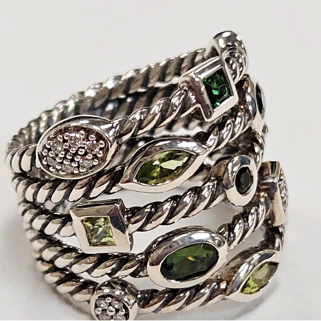 Moderne David Yurman Green Confetti Ring Argent, Diamants, Peridot & G.Tourmali en vente
