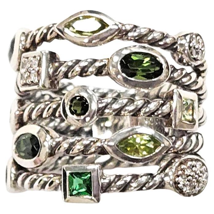 David Yurman Green Confetti Ring Argent, Diamants, Peridot & G.Tourmali en vente