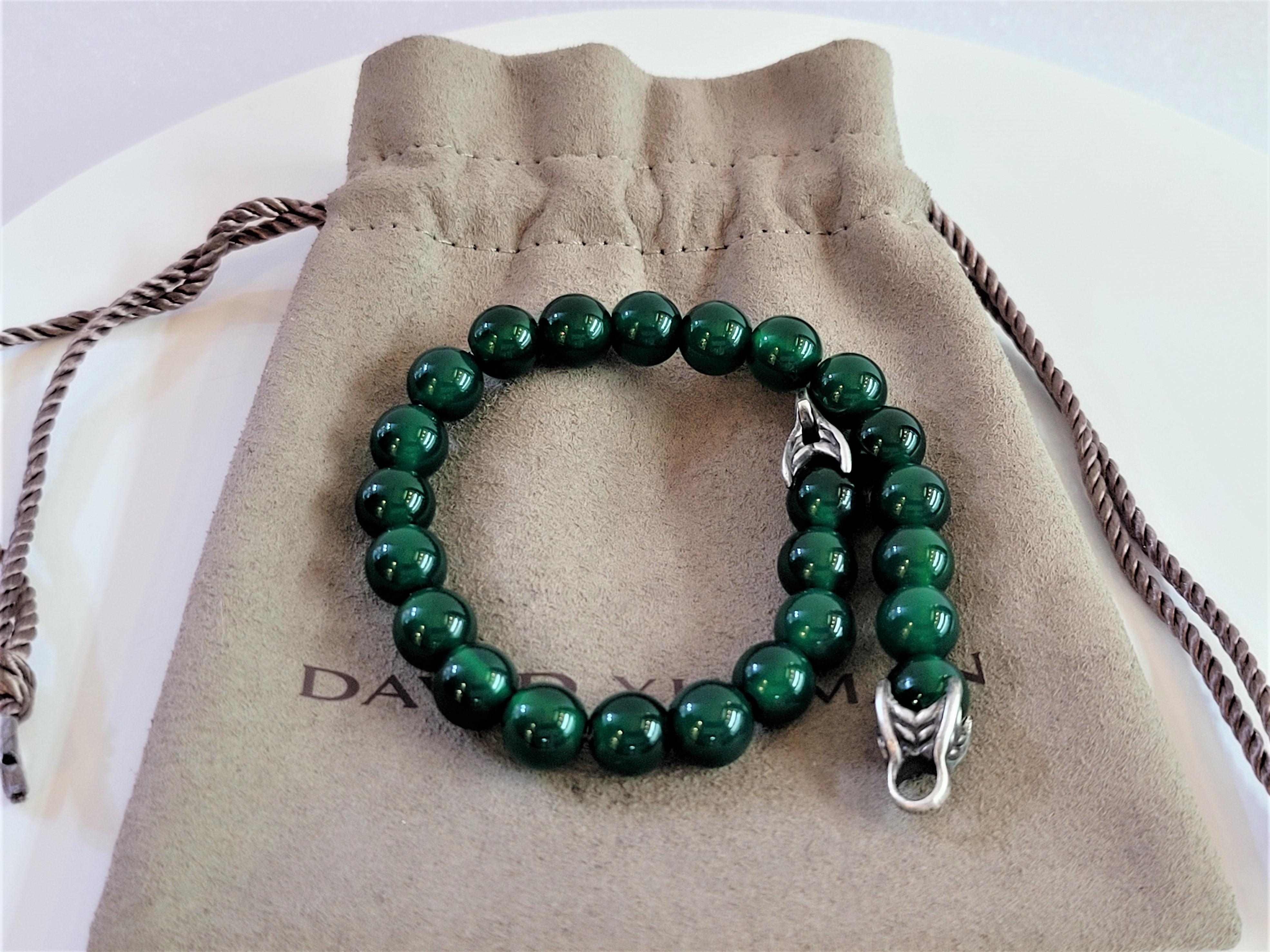 David Yurman Green Onyx Sterling Silver Spiritual Bead Bracelet 8mm In New Condition For Sale In New York, NY
