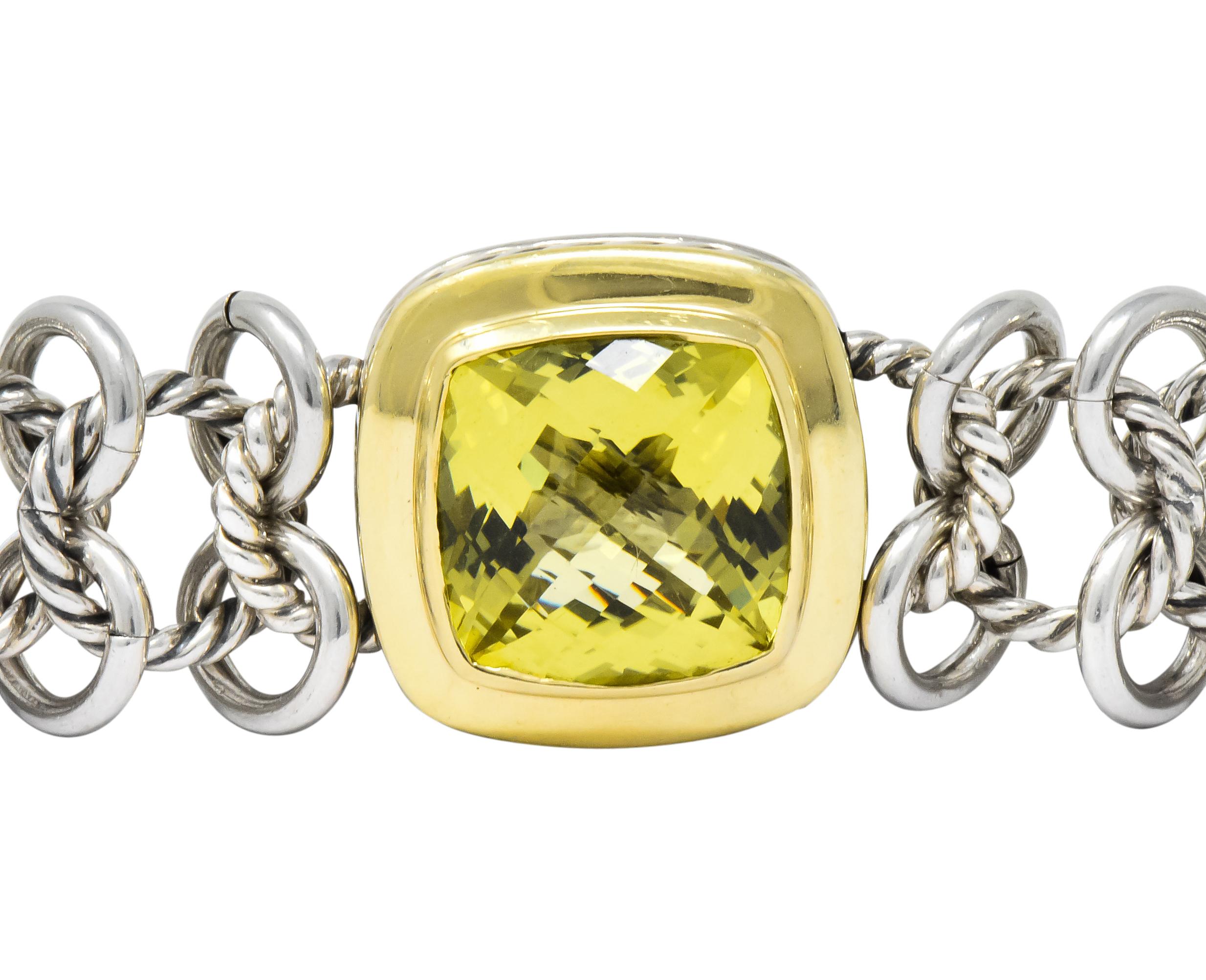 Centering a mixed cushion cut quartz measuring approximately 14 mm x 14 mm, vivid yellowish-green in color

Bezel set in an 18 karat gold surround with sterling silver cable motif profile

Flanked by bracelet made of round polished and twisted cable