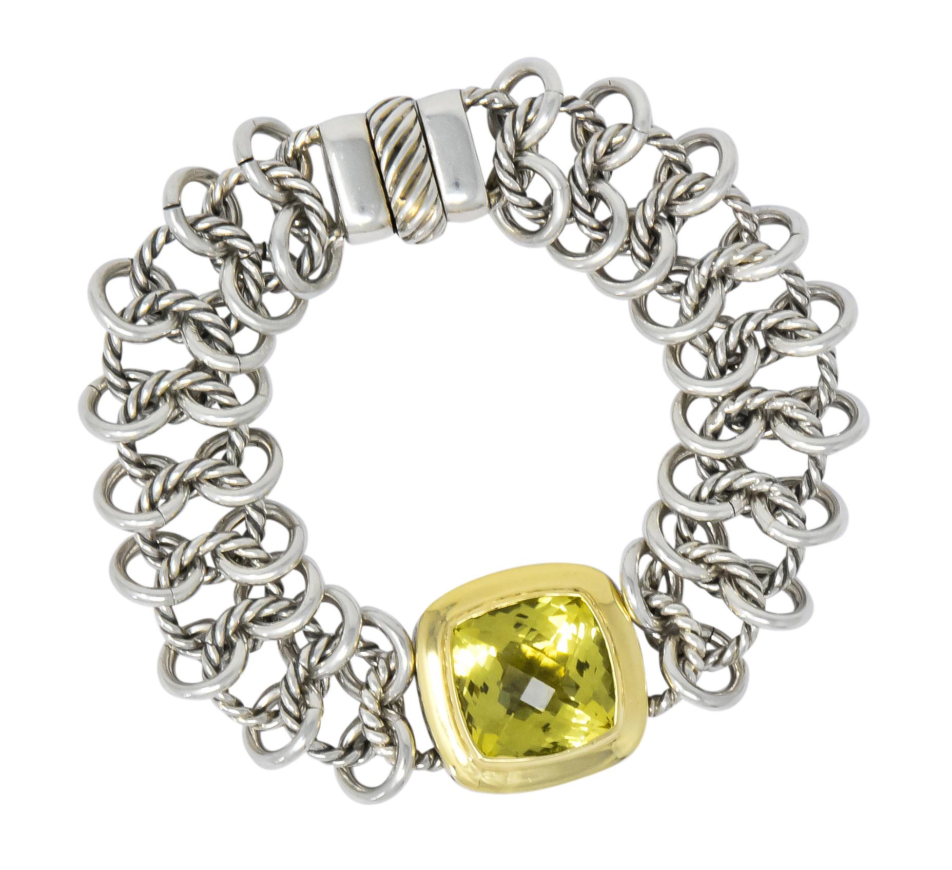 David Yurman Green Quartz Sterling Silver 18 Karat Gold Woven Link Bracelet 1