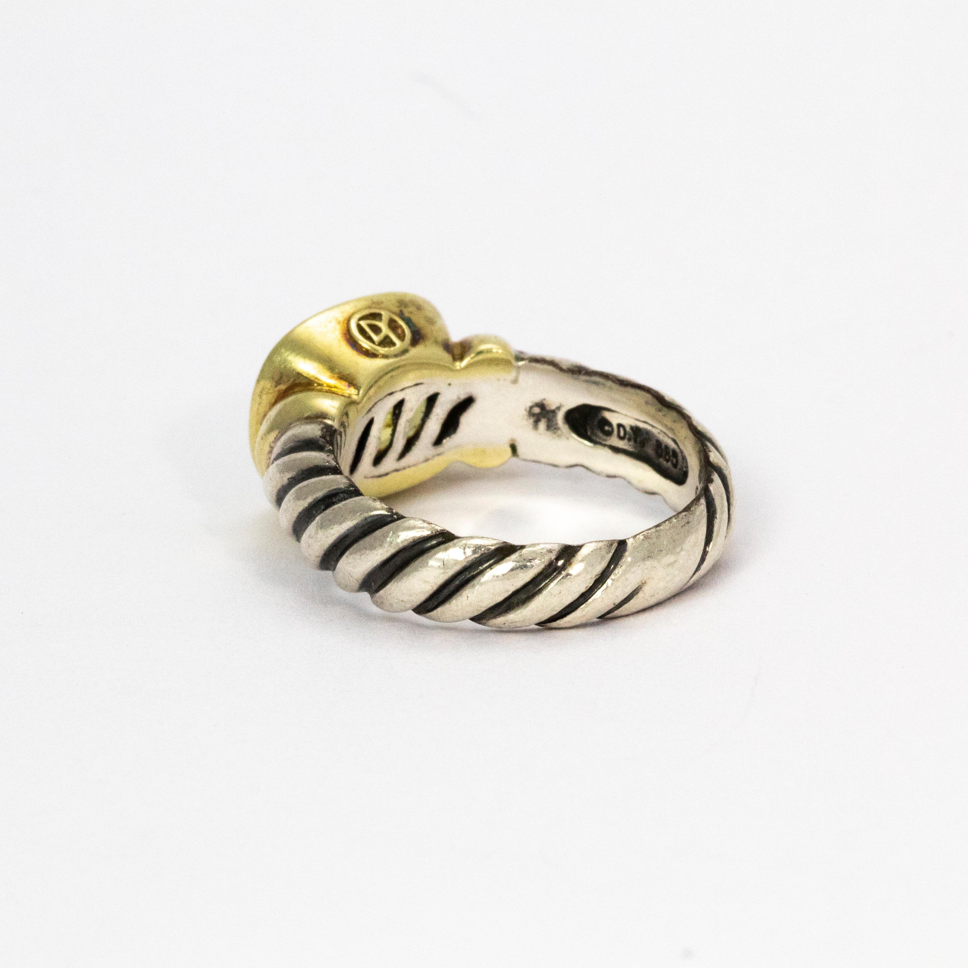 Modern David Yurman Green Tourmaline Silver and 14 Karat Gold Ring