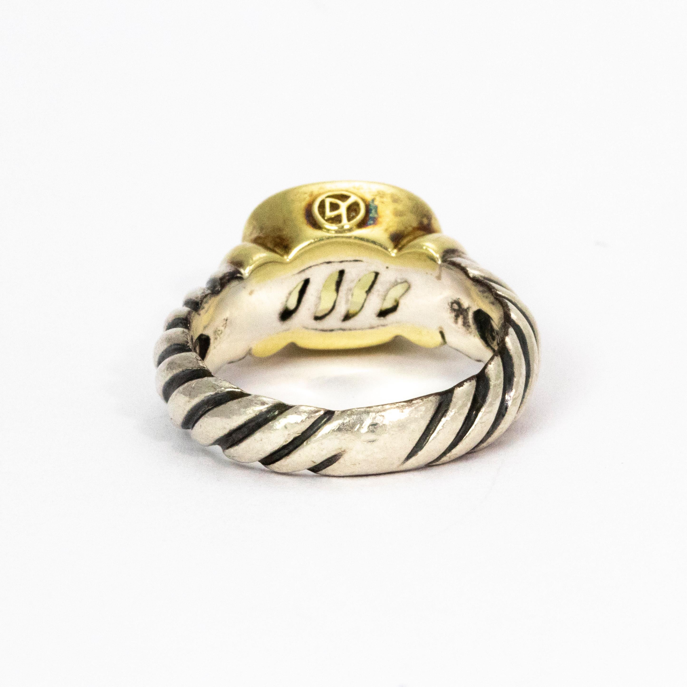 David Yurman Green Tourmaline Silver and 14 Karat Gold Ring In Good Condition In Chipping Campden, GB