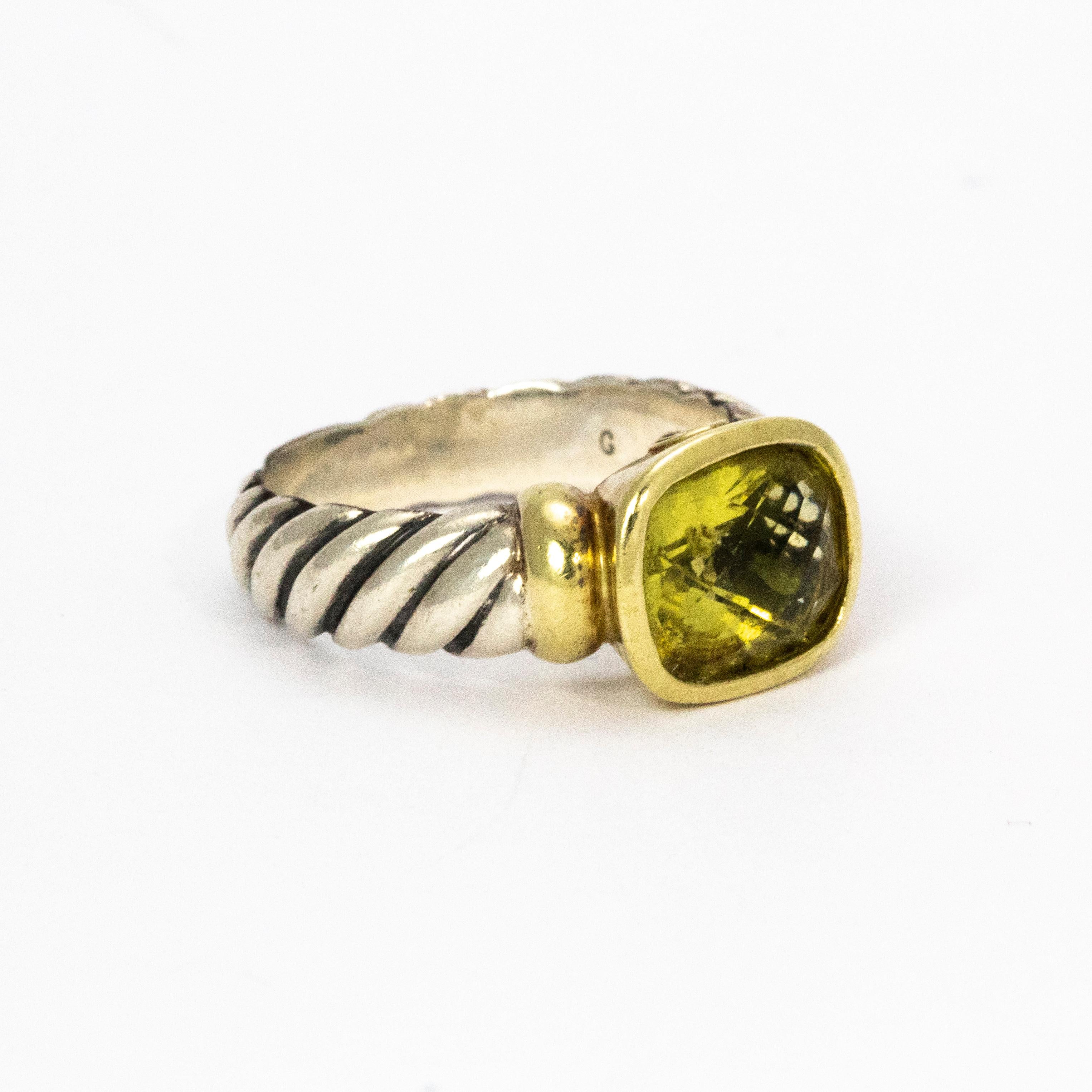 David Yurman Green Tourmaline Silver and 14 Karat Gold Ring 1