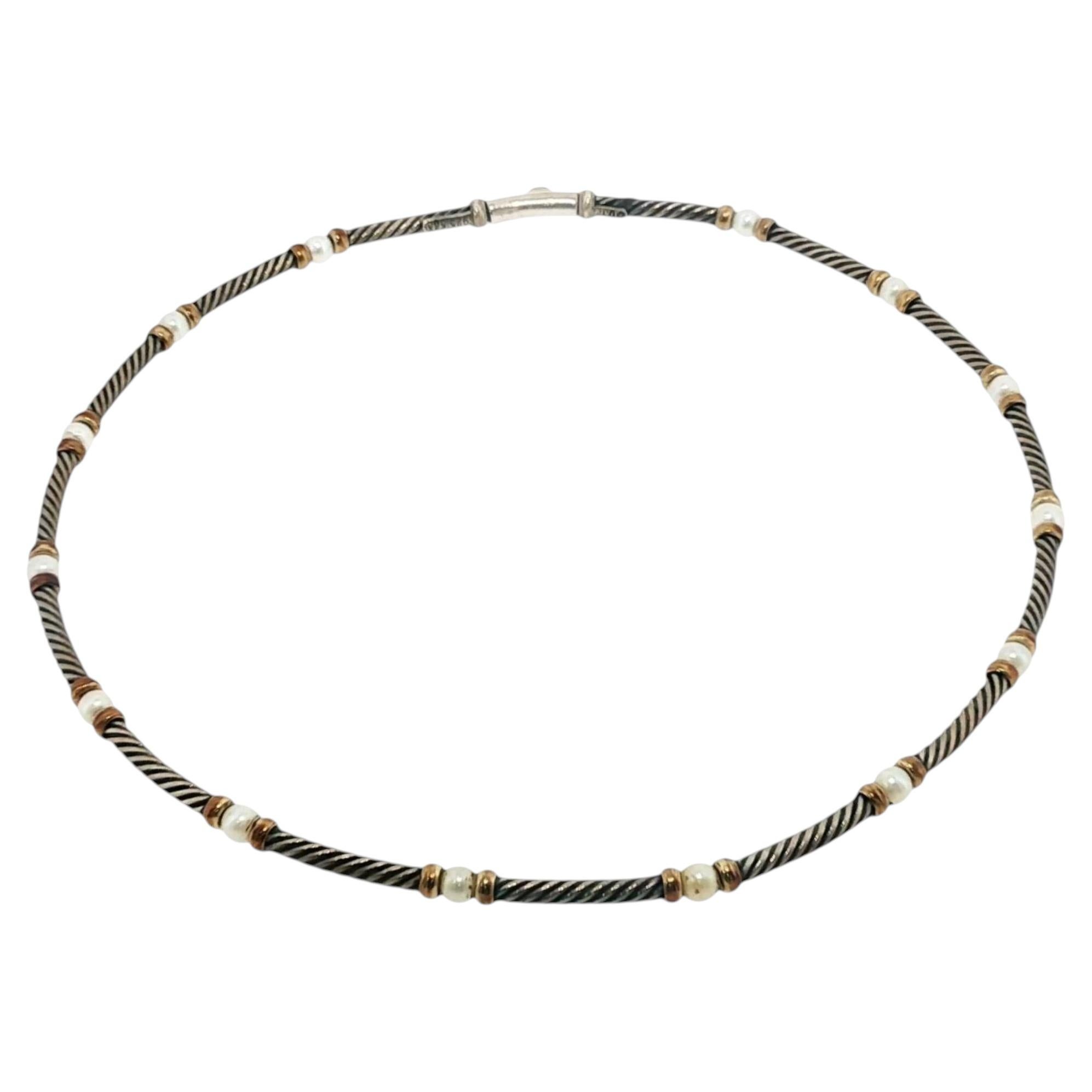 David Yurman Hampton Kabel Perle Station Choker Halskette in Silber und 14K im Angebot