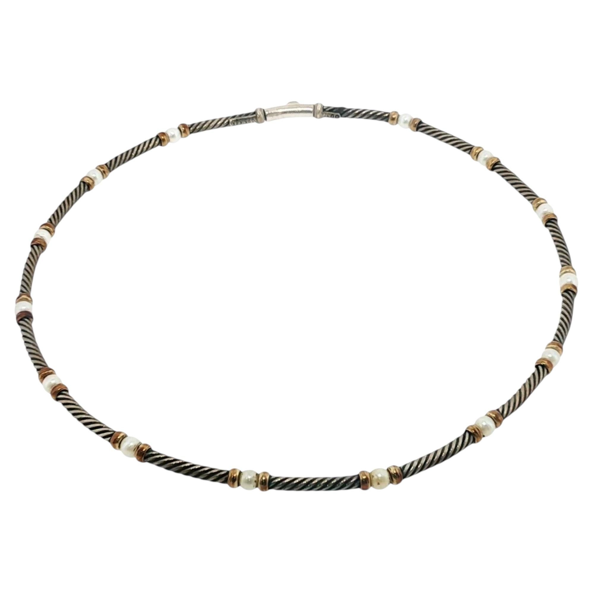 David Yurman Hampton Cable Pearl Station Choker Necklace in Silver and 14K For Sale