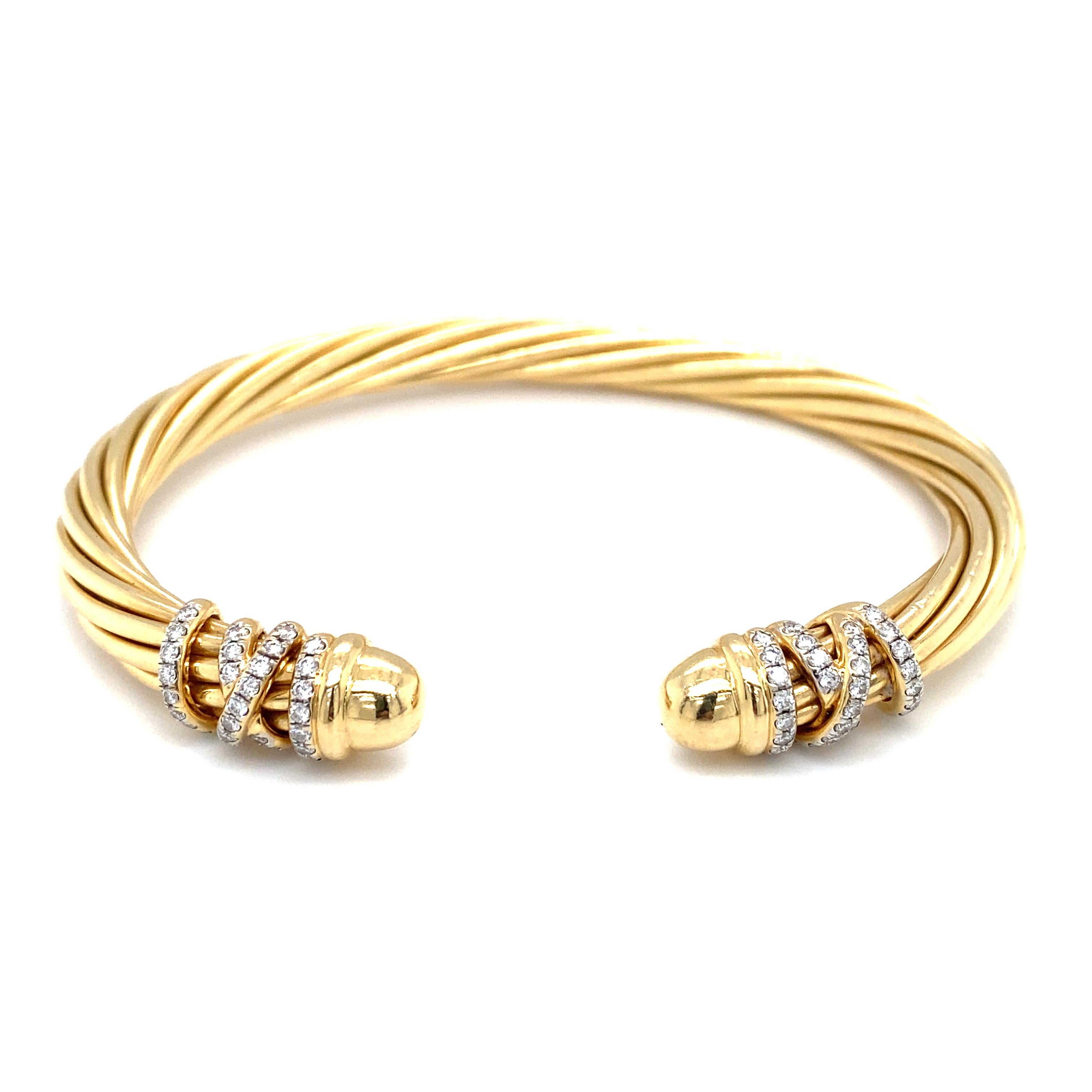 Round Cut David Yurman Helena Diamond Cuff Bracelet in 18 Karat Yellow Gold