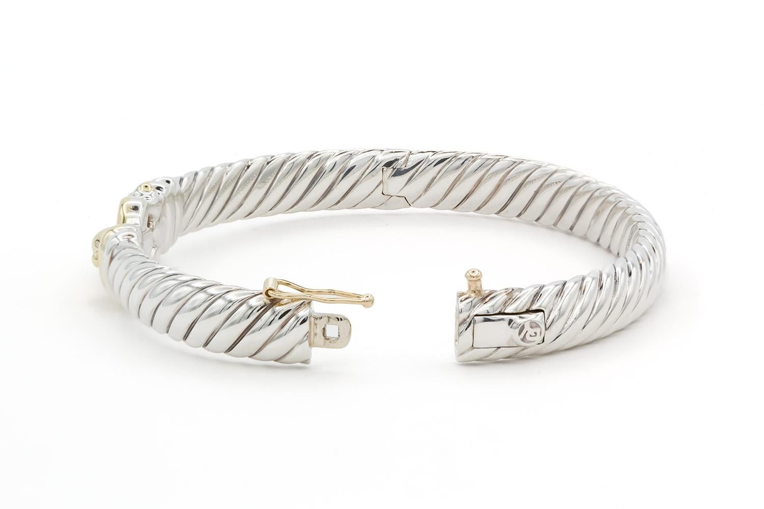 Contemporary David Yurman Hinged Cable Buckle Bracelet Bangle Sterling Silver 18k Yellow Gold For Sale