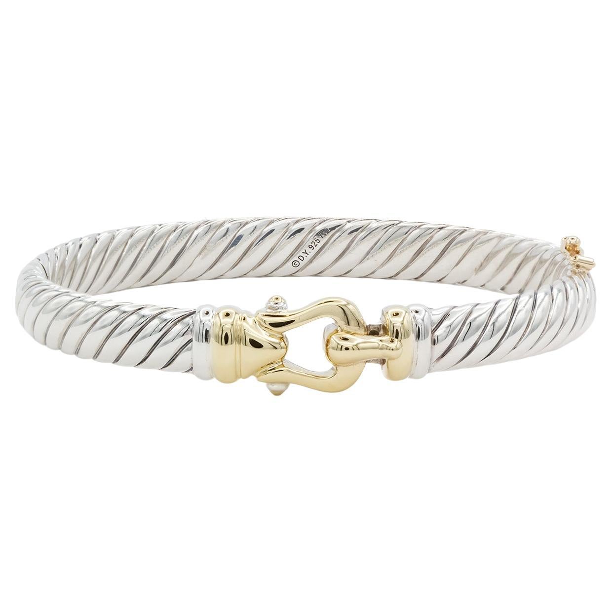 David Yurman Hinged Cable Buckle Bracelet Bangle Sterling Silver 18k Yellow Gold For Sale