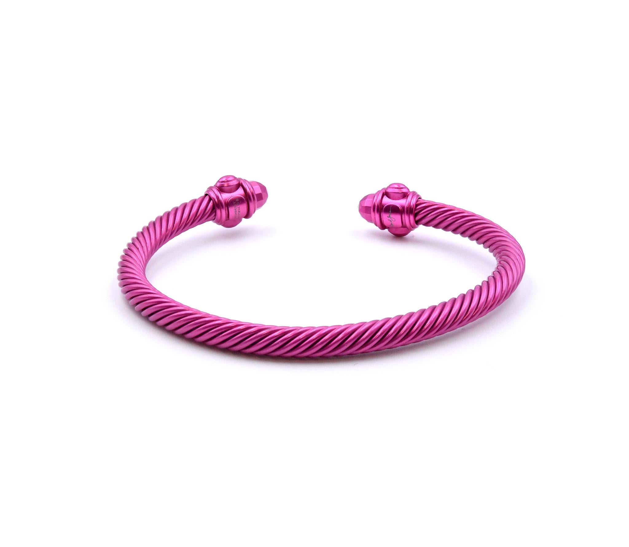 Designer: David Yurman
Material: Pink Aluminum 
Dimensions: bracelet measures 5mm
Weight: 7.68 grams

