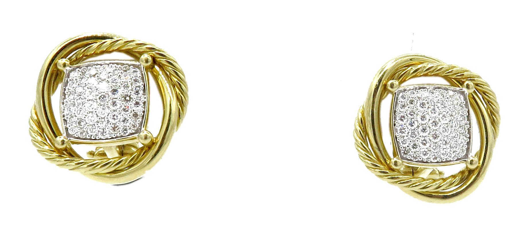 Beautiful 18K polished yellow gold stud earrings from David Yurman. From, his iconic Infinity collection these beautiful 19 x 21 mm earrings weight 11.28 grams. Unlike, the other styles of this design that include less pave diamonds at the center