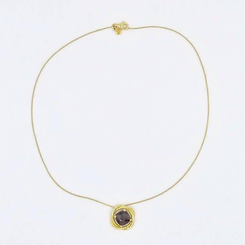 David Yurman 
Style:  Infinity Cushion Garnet Pendant Necklace
Metal: 18 KT Yellow Gold
Pendant:  11 x 11  MM
Chain:  18 inches
Hallmark: DY 750 @ lobster clasp tag
Includes:  Elegant Necklace Box

Retail Replacement Value:  $2,950 + tax = $3,178.62