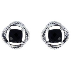 David Yurman Infinity Sterling Silver Cushion Cut Onyx Stud Earrings