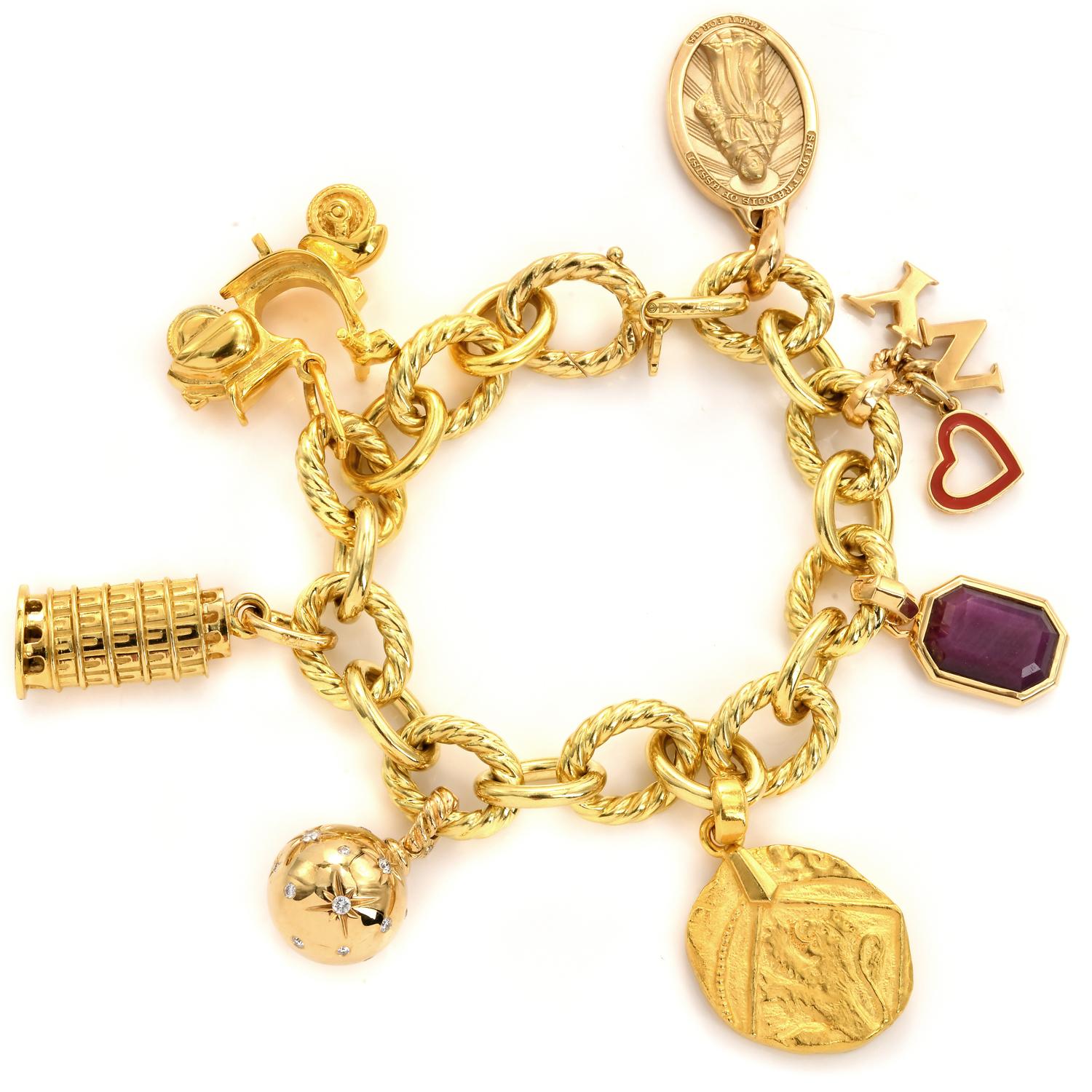 Gliederanhänger-Armband aus 18 Karat Gelbgold mit italienischem Diamanten und Rubin von David Yurman Damen im Angebot