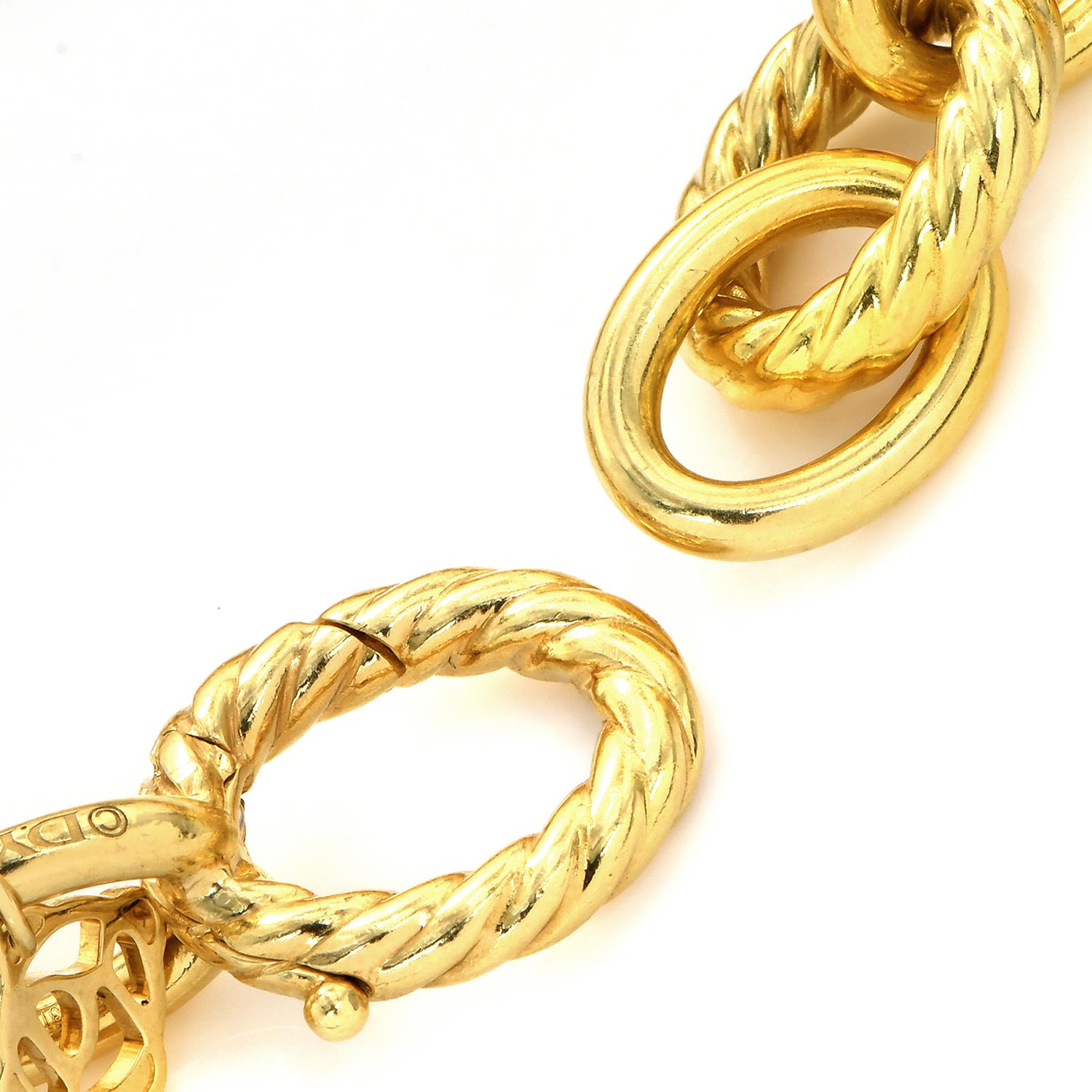 Round Cut David Yurman Italian Diamond Ruby 18K Yellow Gold Link Charm Bracelet For Sale