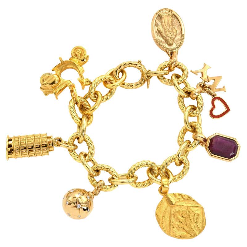 18k Yellow Gold Italian Charm Bracelet: Horseshoe, Ball, Disk, Figure ...