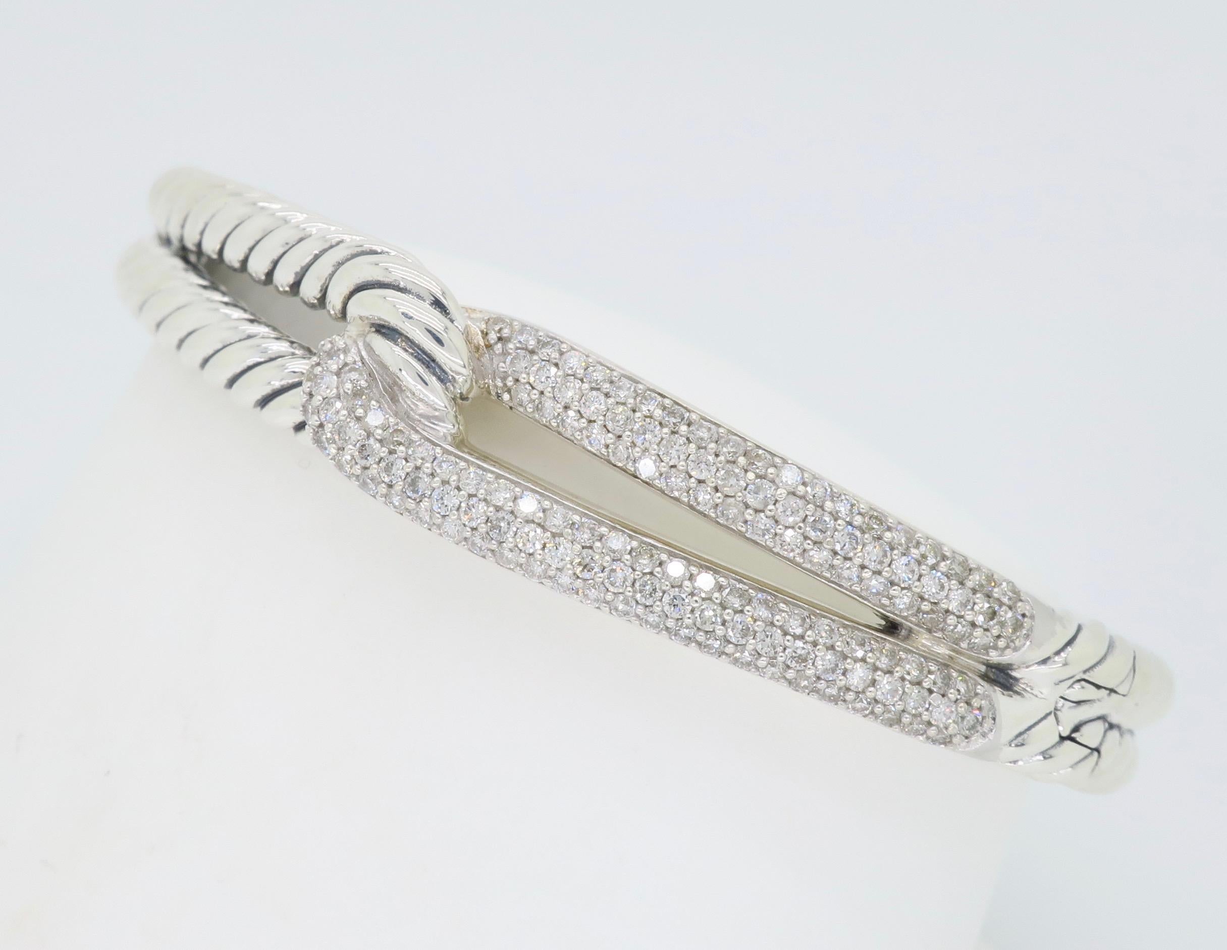 Stunning David Yurman Labyrinth Single-Loop Bracelet with approximately .87ctw of Round Brilliant Cut Diamonds.

Designer: David Yurman
Diamond Carat Weight: Approximately .87CTW
Diamond Cut: Round Brilliant Cut Diamonds
Color: Average G-I
Clarity: