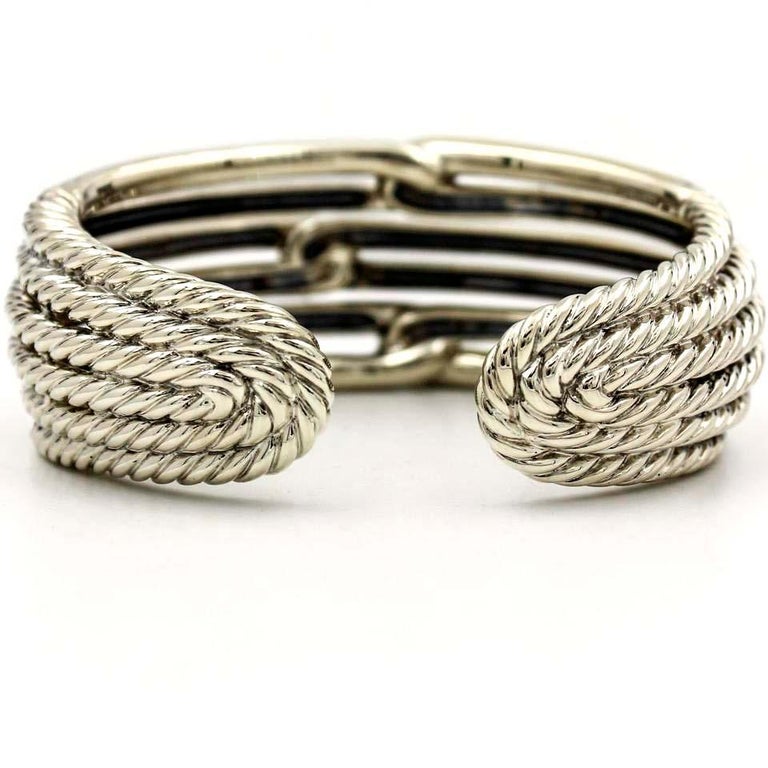 David Yurman Labyrinth TripleLoop 18 Karat Gold Silver Diamond Cuff Bracelet For Sale at